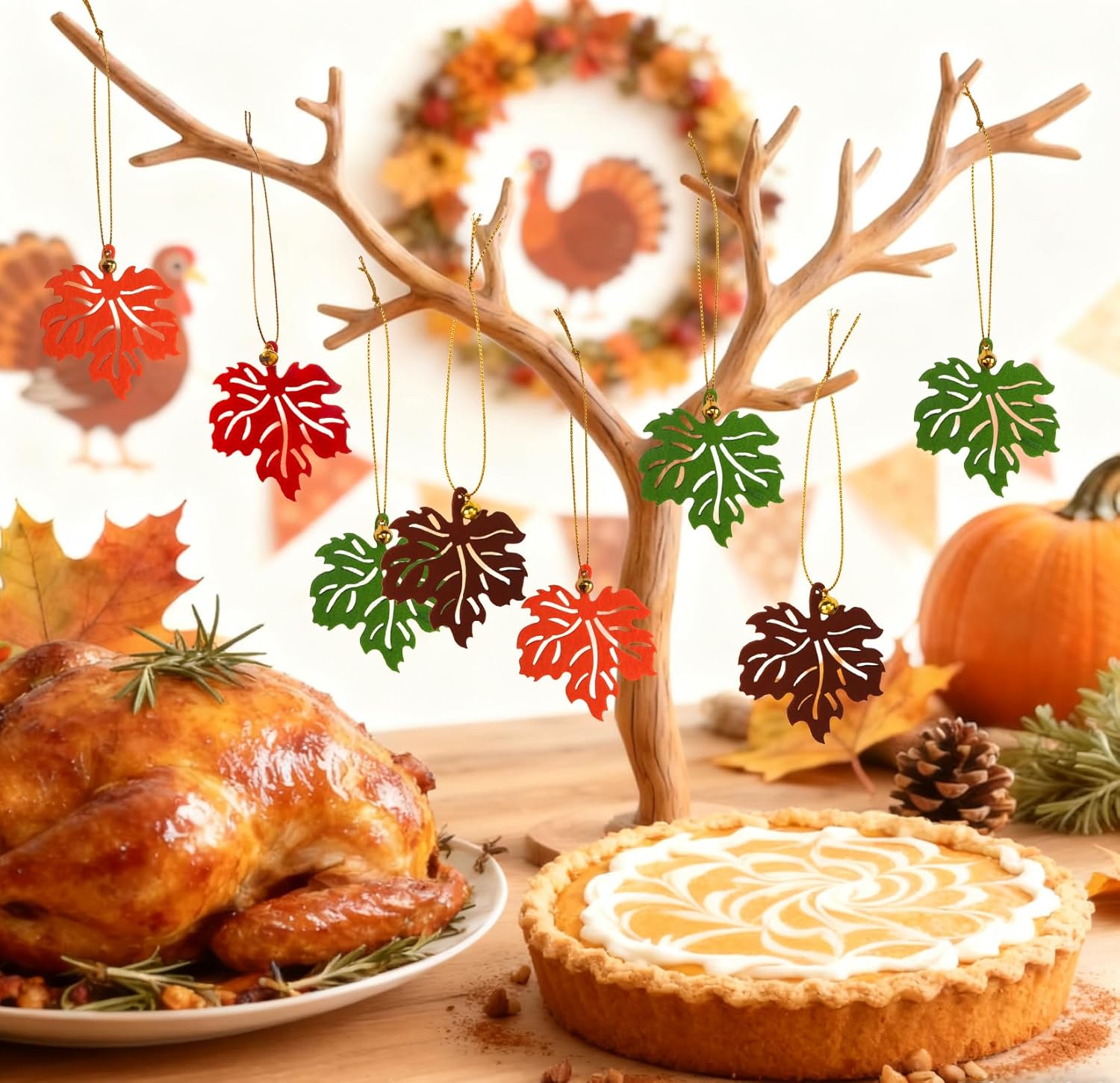 ALIBBON 24 Pcs Fall Tree Decoration Thanksgiving Tree Ornaments Felt Maple Leaf with Jingle Bell Autumn Leaves Hanging Ornaments for Trees Harvest Farmhouse Fall Decorations for Home - Image 4
