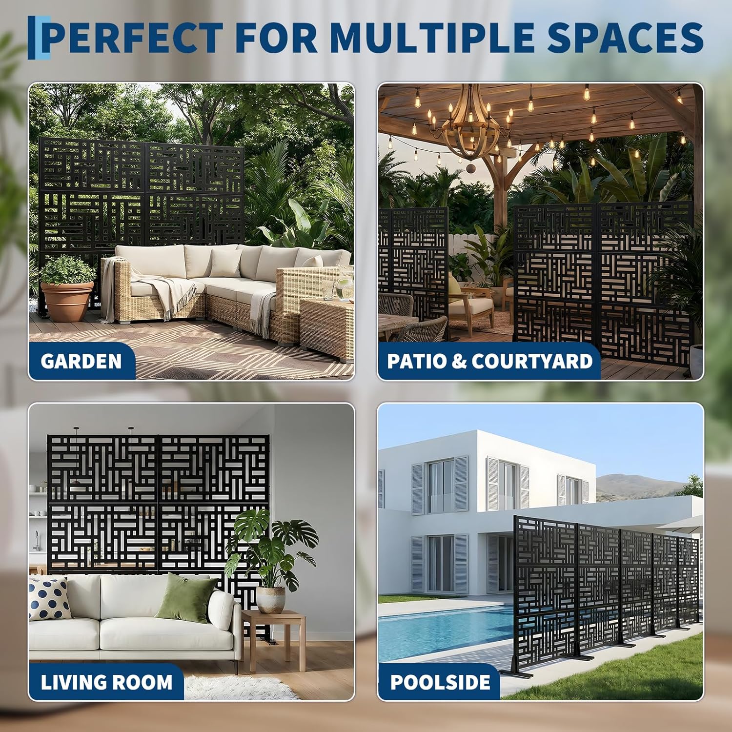 70 Inch 3-Panel Metal Outdoor Privacy Screen, Freestanding Room Divider – Rust-Proof, Weather-Resistant Decorative Geometric Partition for Patio, Backyard, Porch, Poolside, Balcony, Garden,