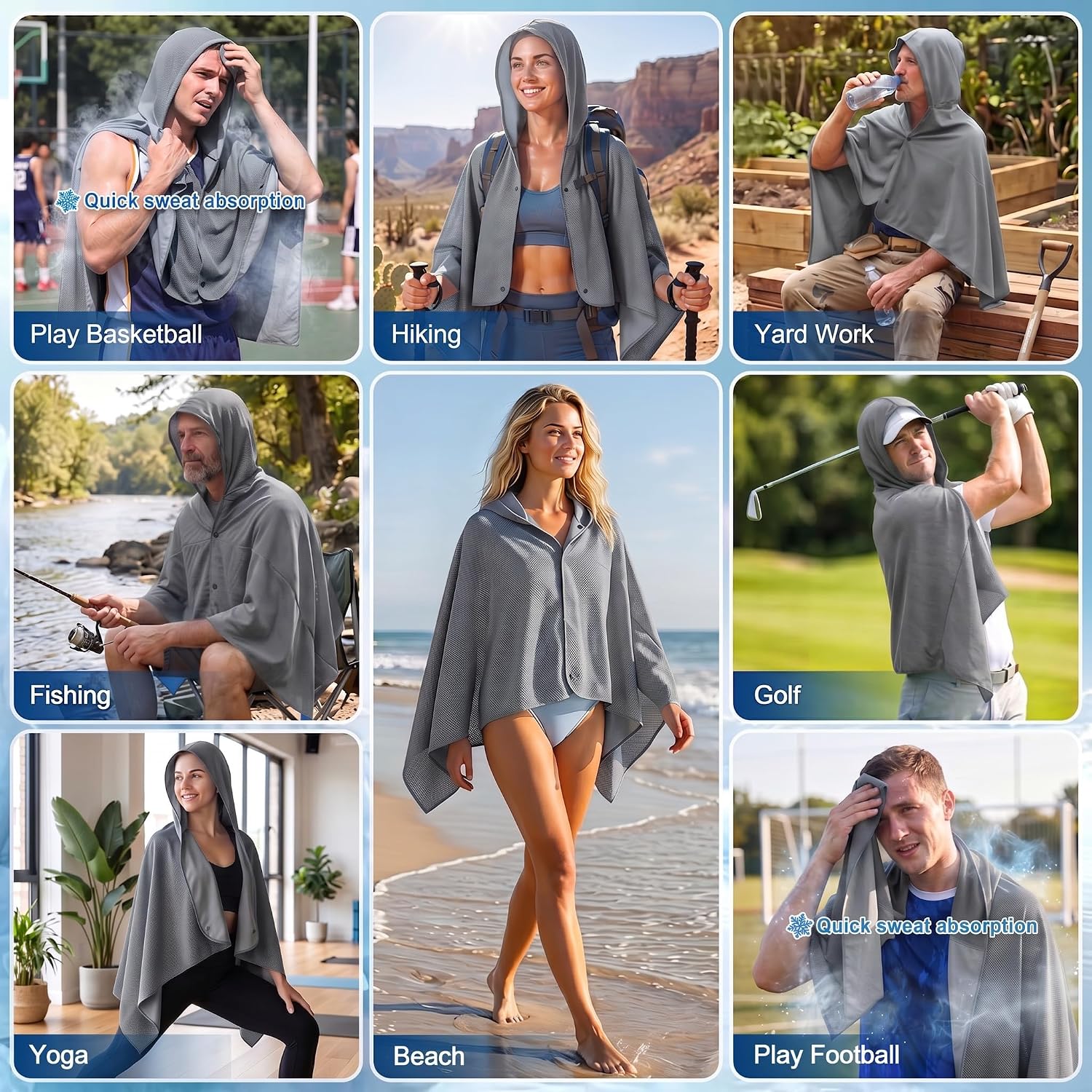 Cooling Hooded Beach Towel Cloak for Men Women - UPF 50+ Sun Proteciton Double Layer PVA Fabric Sweat-Absorbent Cool Shawl Cape, Instant Cooling Soft Ice Towel for Beach Yoga Camping (Gray)