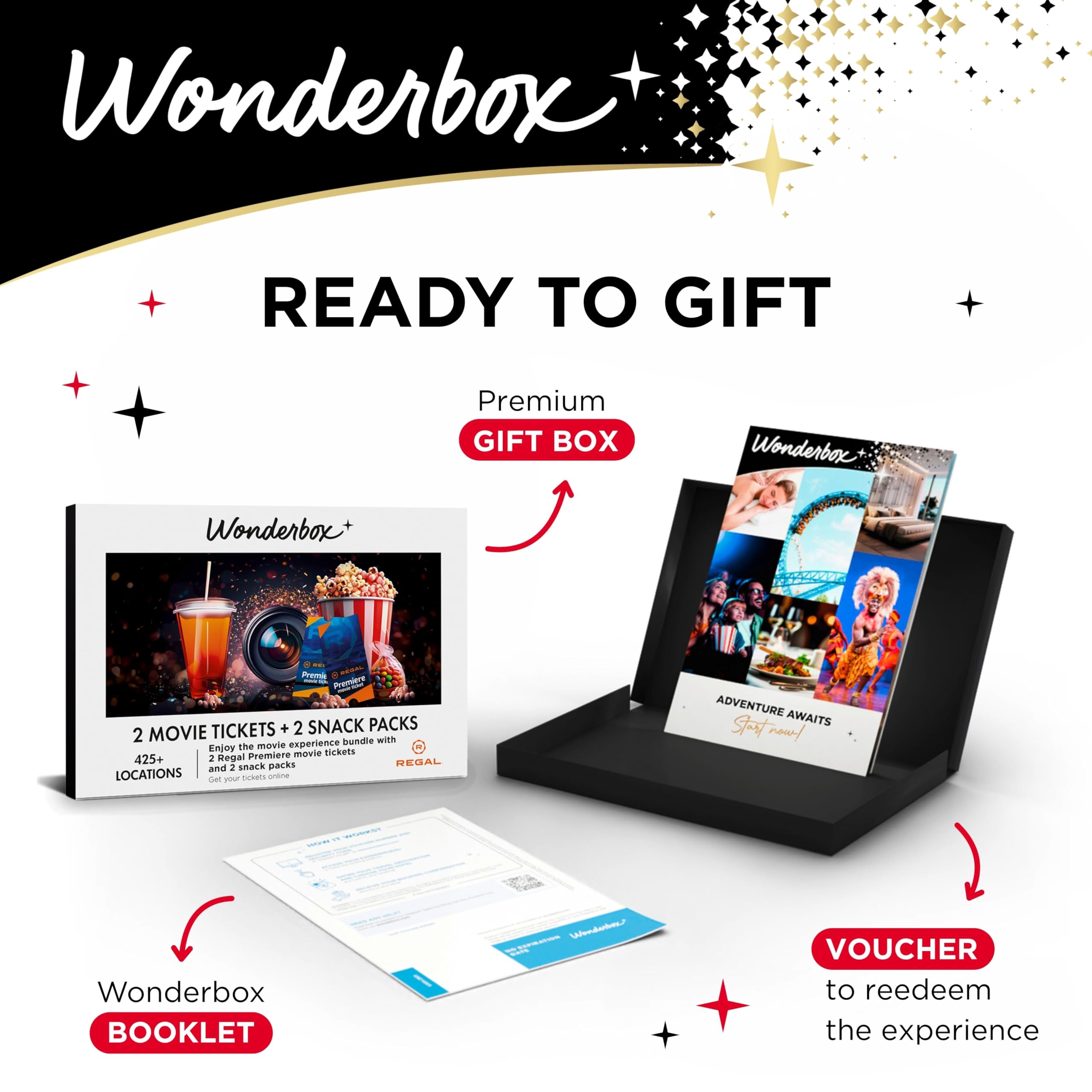 Wonderbox REGAL Movie Bundle - 2 Premiere Movie Tickets + 2 Snackpacks - Originelle Geschenkidee - Erlebnisgeschenk - 425 Standorte in den USA
