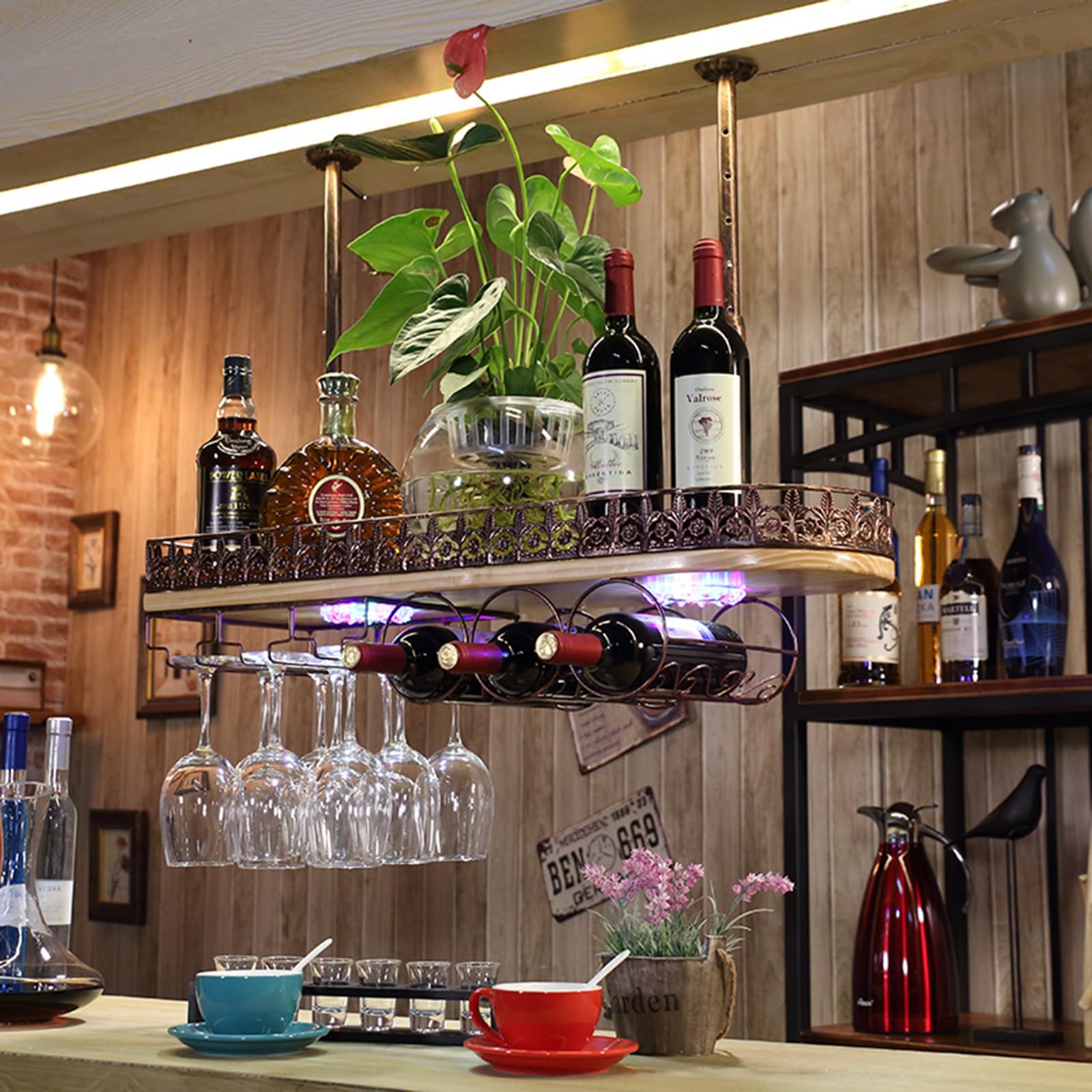 Support de verre à vin suspendu LED et étagère à bouteilles industrielle pour bar et cuisine