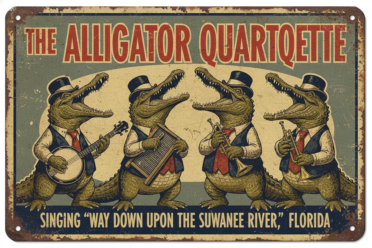 Farm Decoration Postcard Alligator Quartette Singing Metal Tin Sign Accent Wall Decor 8x12Inch Wall Decoration Metal Signs Vintage Aluminum Plates Printed