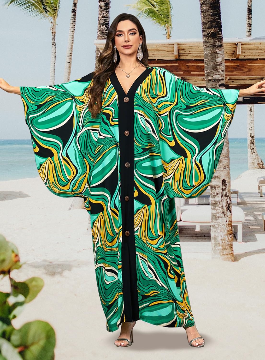 Caftans for Women Plus Size V-Neck Batwing Sleeve Kaftan Dress for Beach Swimwear Cover-Up Loungewear Mumu Dresses - Image 6