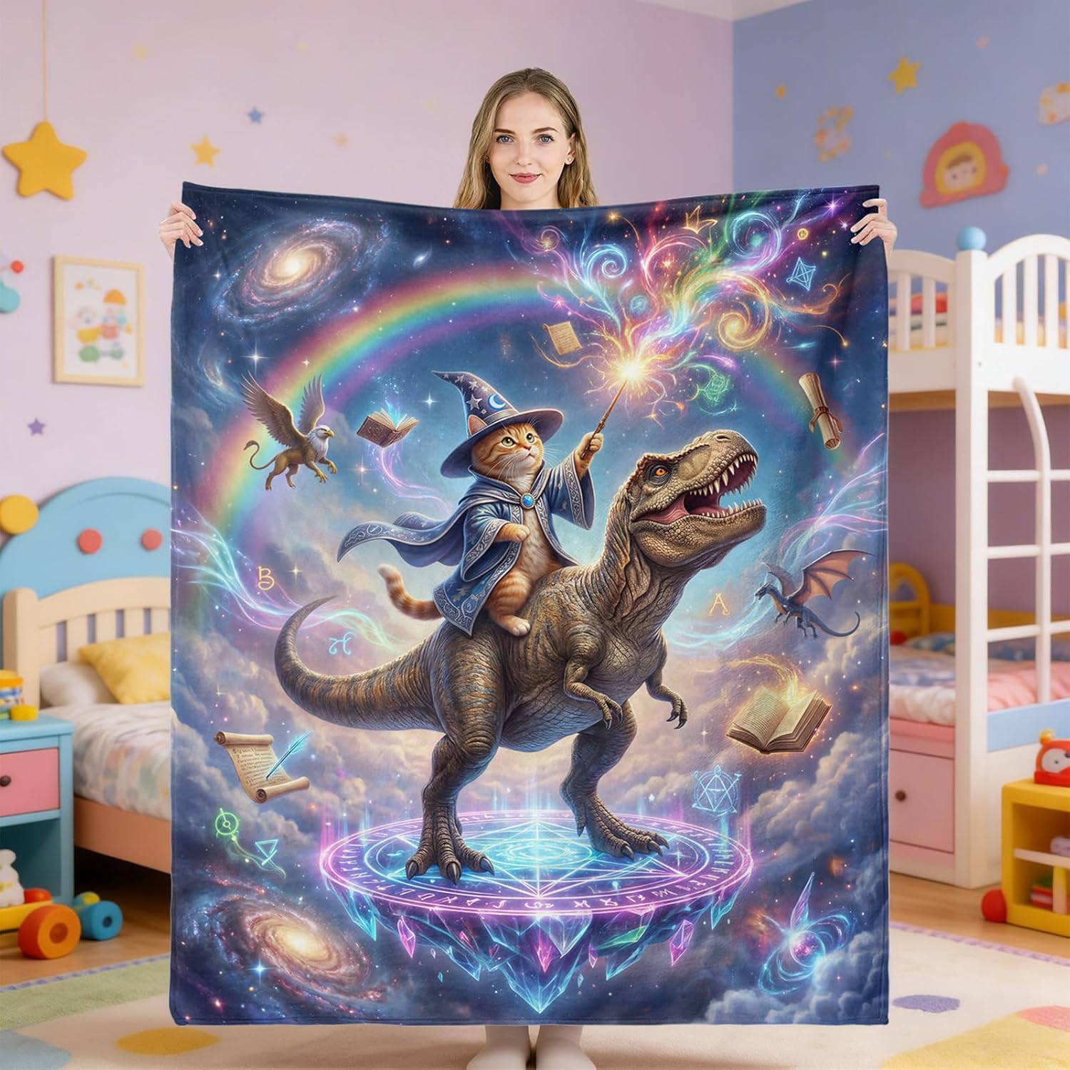 Neasow Funny Cat Witch Dinosaur Throw Blanket, Galaxy Space Rainbow Flannel Fun Blanket, Super Soft for Couch Dorm Sofa Room, Gifts for Kids Teens Boys, 50×60 inch