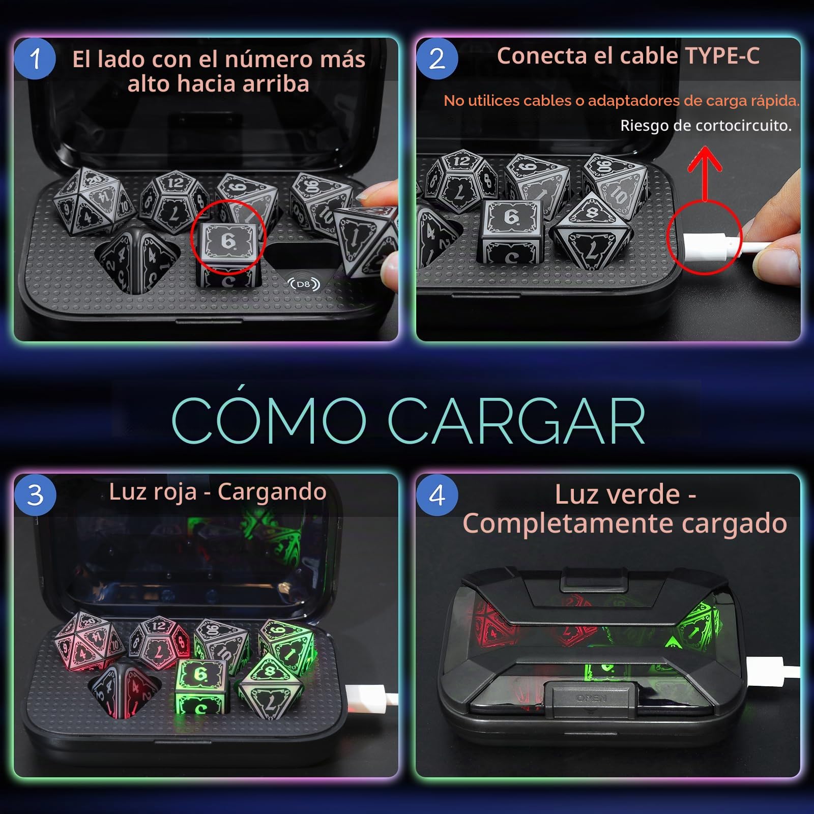 FONVGOGO Dados de rol para Dragones y Mazmorras Dados DND con Iluminación Inalámbrica y Estuche de Carga Dados rol Poliedricos DND Dice Set (Astral Shard Colorido)