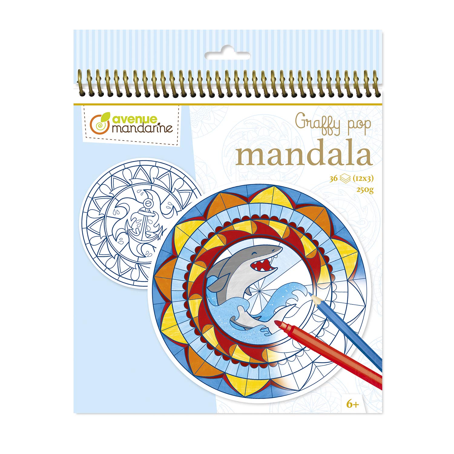 Avenue MandarineRef GY028O - Graffy Pop Mandala Colouring Book - Boy Designs - Easy-to-Detach Pre-Cut Shapes, 250gsm Drawing Paper, 36 Sheets, 12 Designs, Suitable for Ages 6+