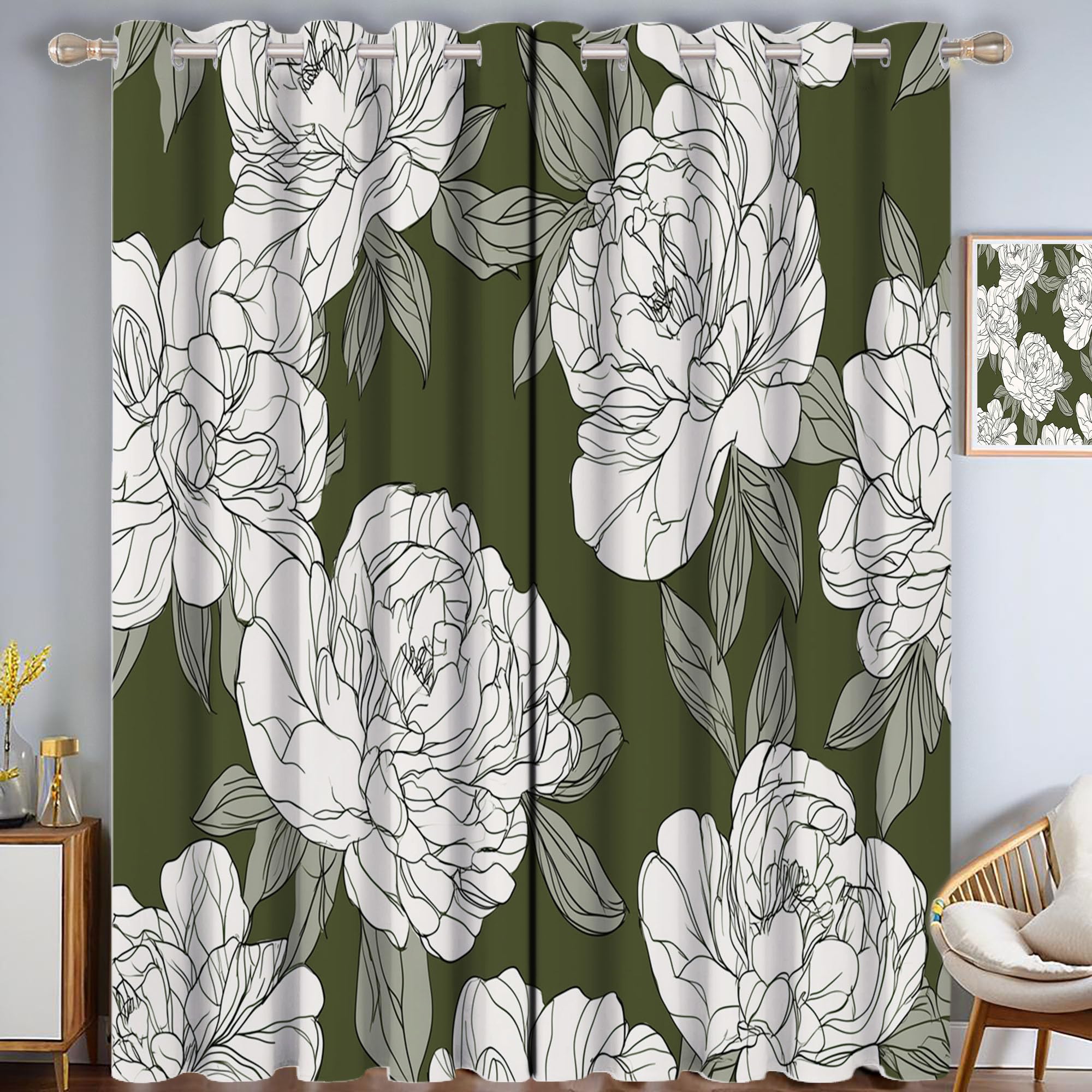 Rideau motif rose pivoine vert olive au tombé lourd élégant