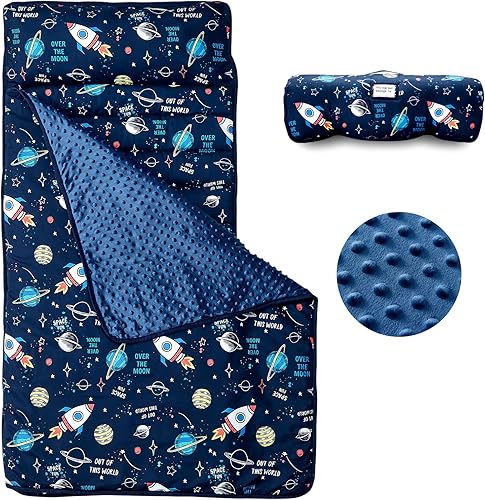 beeweed Tapete para siesta para niños pequeños, diseño enrollable, con almohada extraíble y manta Minky, saco de dormir para guardería, preescolar,