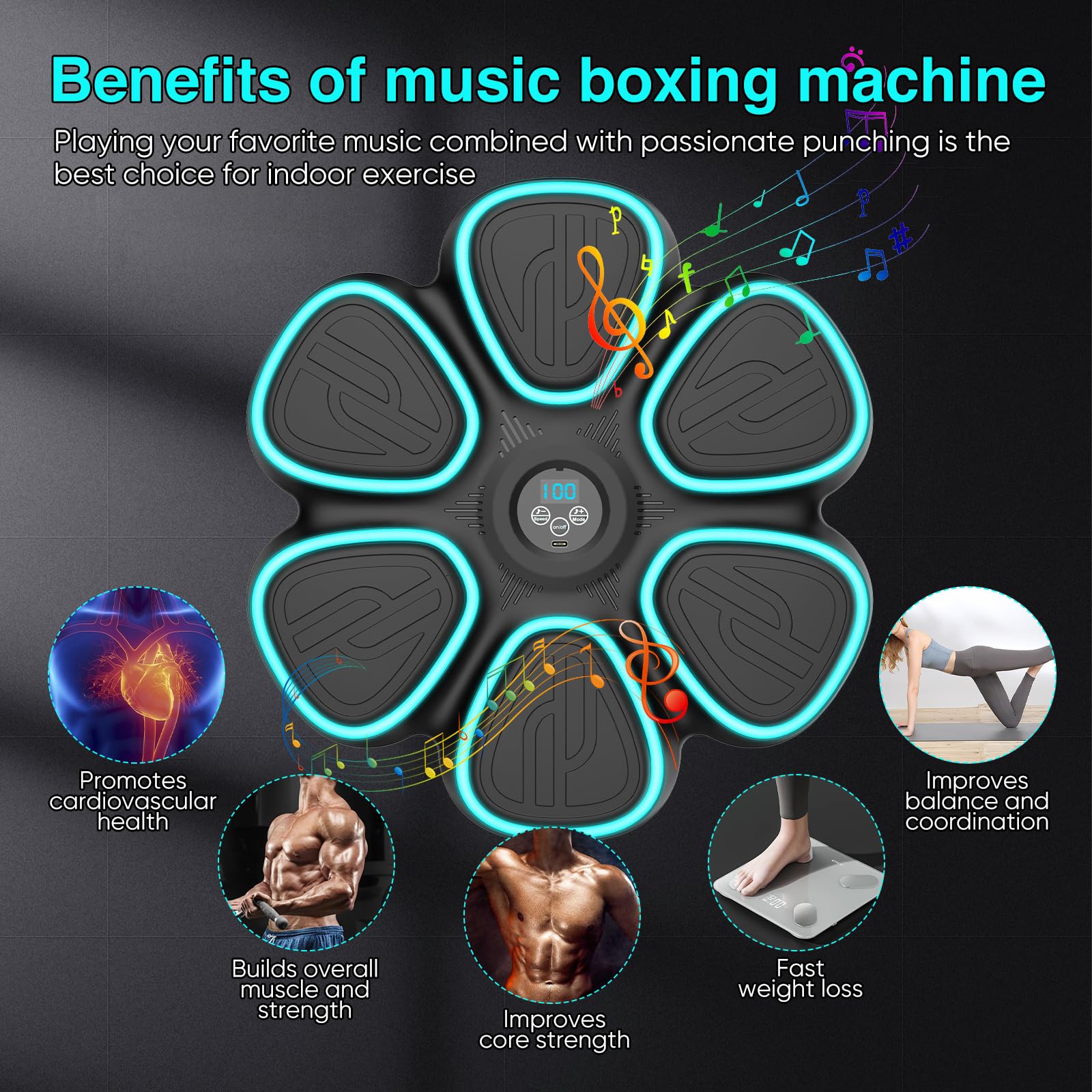 Music Boxing Machine, Bluetooth Elektronische Boxmaschine mit 2 Paar Boxhandschuhen, 9 Geschwindigkeits und Trainingsmodi, Zählmodus, LED Licht Musikboxing Maschine für Erwachsene und Kinder (Schwarz)