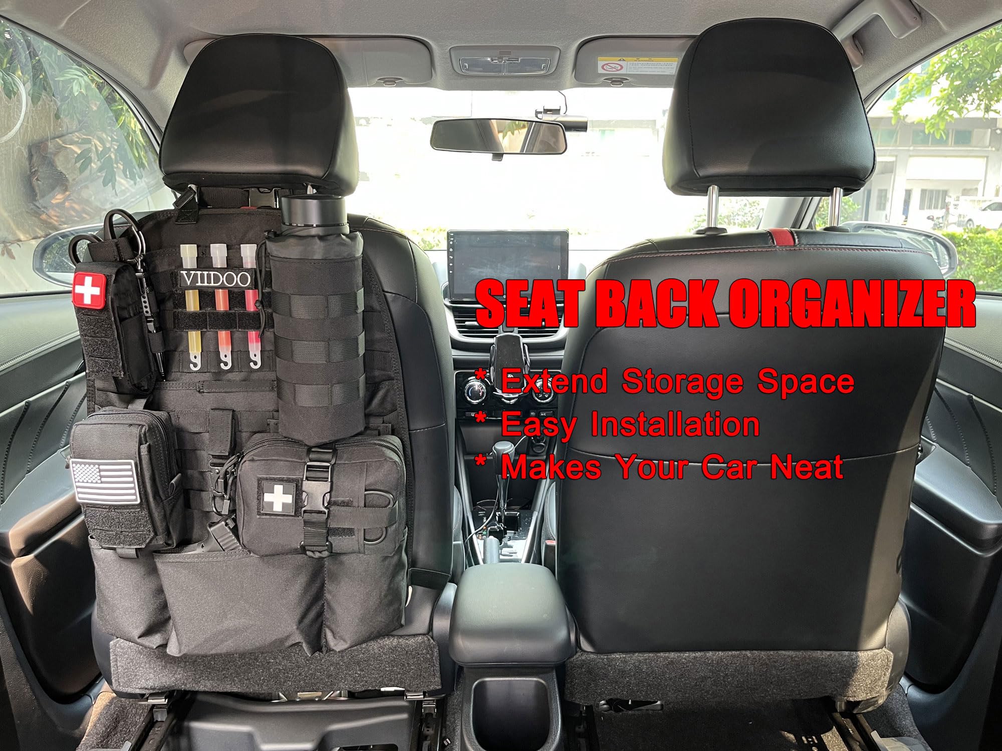 Molle - Organizador de asiento de coche táctico con bolsas Molle para el asiento del coche, protector para asiento de coche, color negro