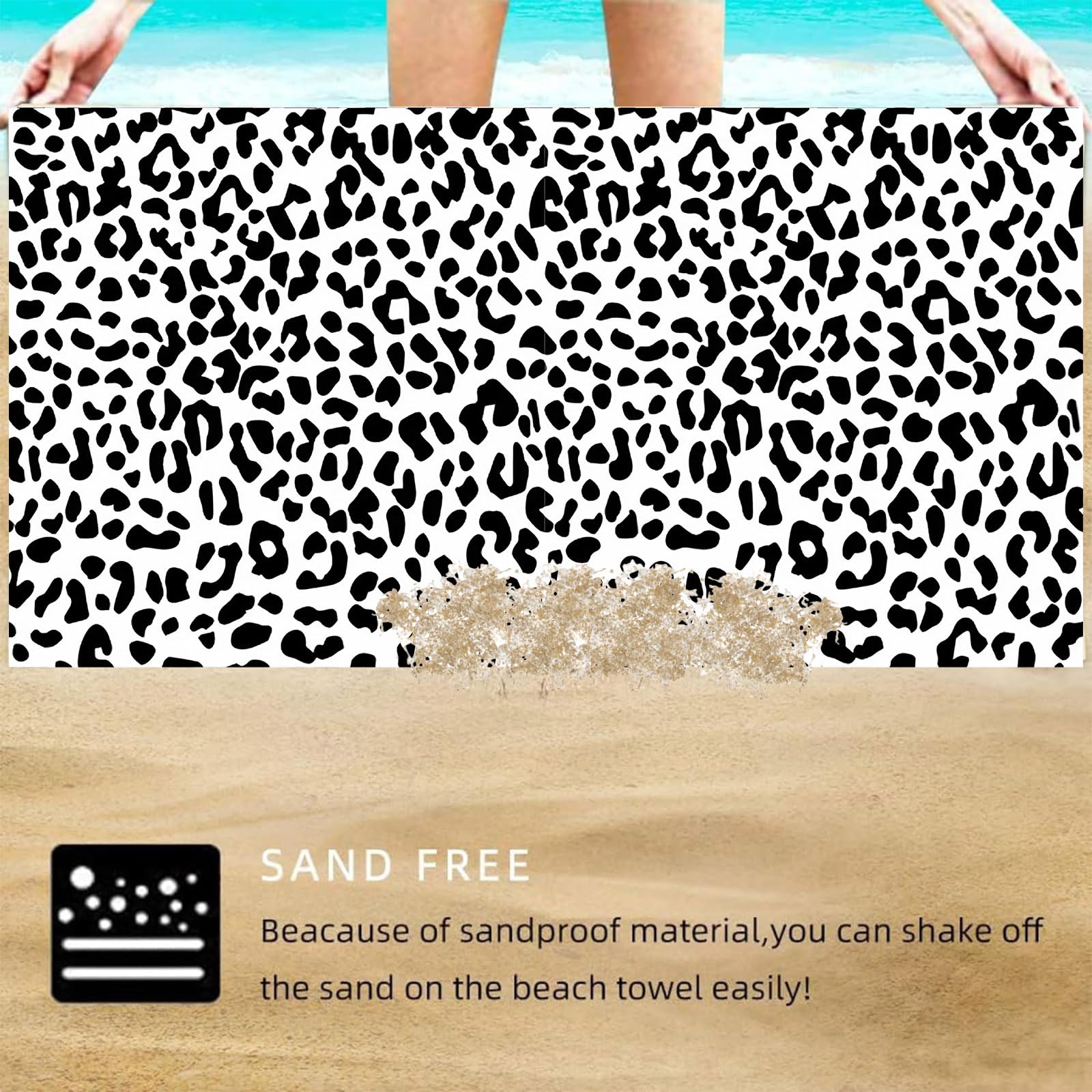 Large Quick Dry Microfibre Beach Bath Towel for Adult,Black White Leopard Print Sand Free Beach Towel with Bag,Lightweight Gym Yoga Sports Towel,Compact Travel Summer Beach Towel for Women Men - Image 4