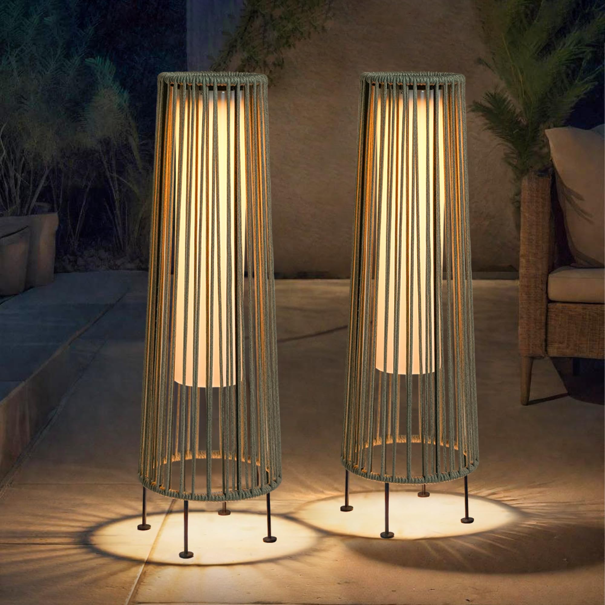 Trirocks Gray Outdoor Floor Lamp 2 Piece Solar Powered Lantern Wicker Solar Patio Lamp With Olifen Rope Waterproof Rattan Outside Solar Deck Light For Patio Garden Lawn Yard (Grey)