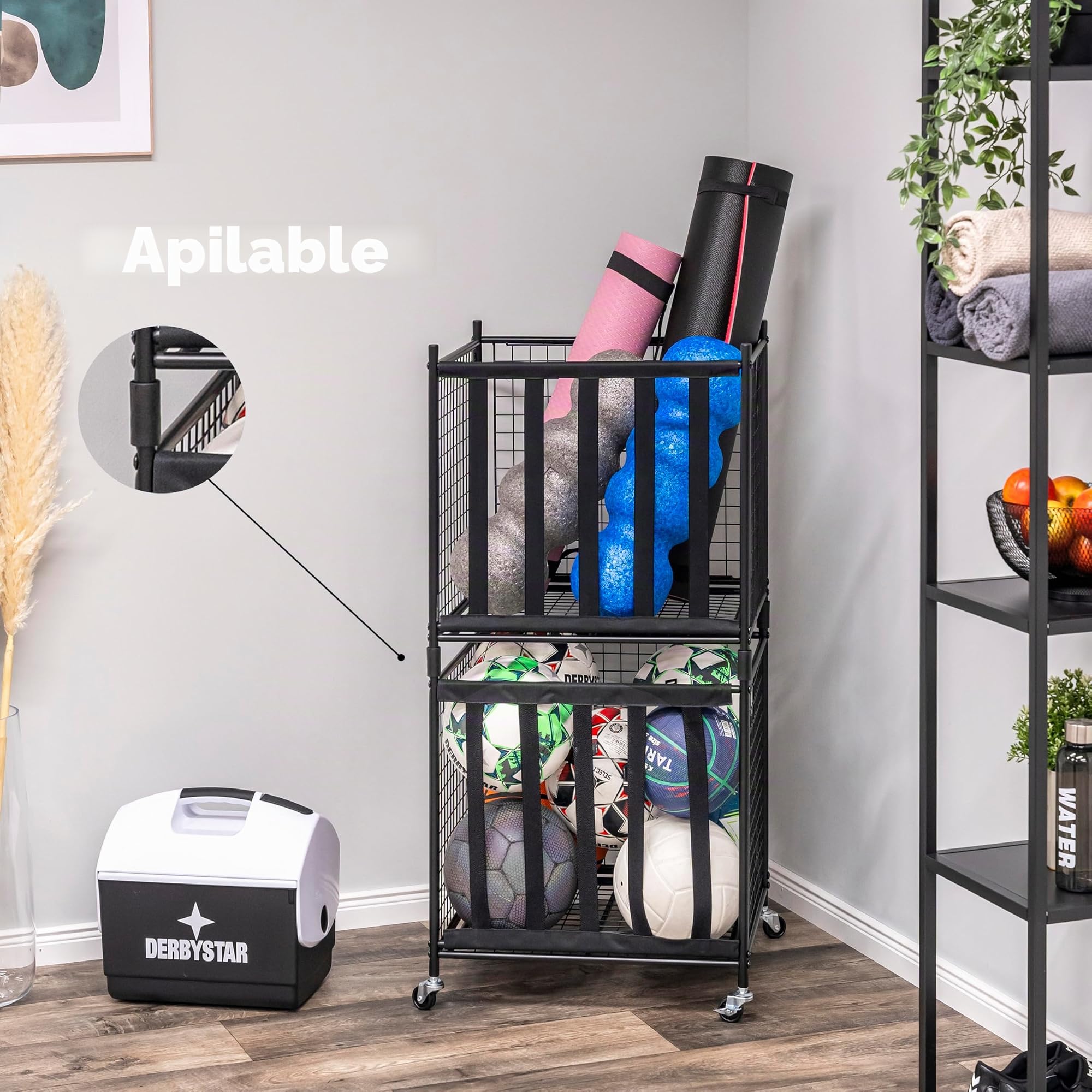 eluno Carrito apilable para balones de fútbol, voleibol, baloncesto, balones de baloncesto, etc. Con 5 correas en un lado, de acero negro