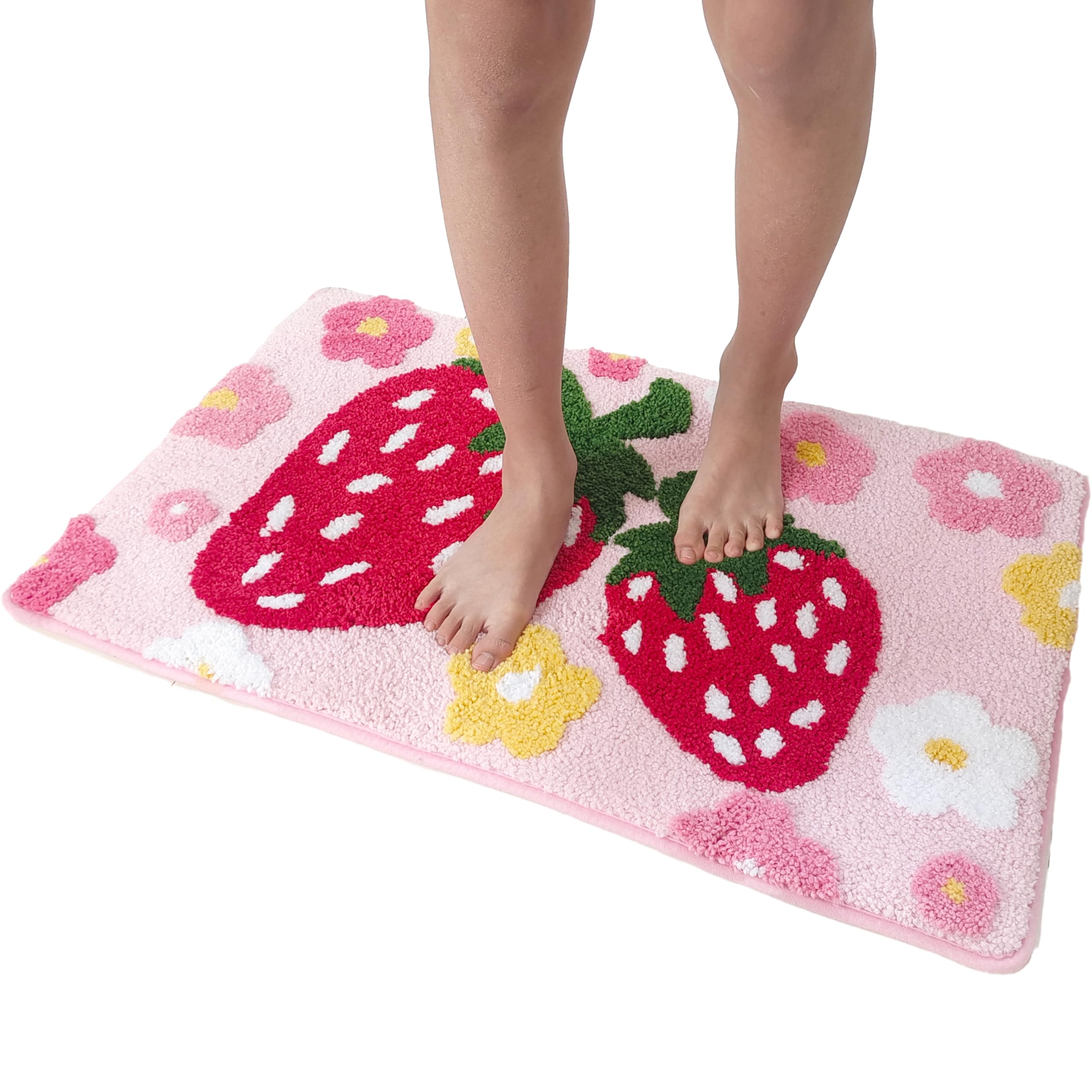 Cute Strawberry Flower Bath Mat Pink Bathroom Rugs Bathroom Accessories, Funny Non Slip Floor Bath Rug Machine Washable Bathmat Soft Microfiber Carpet