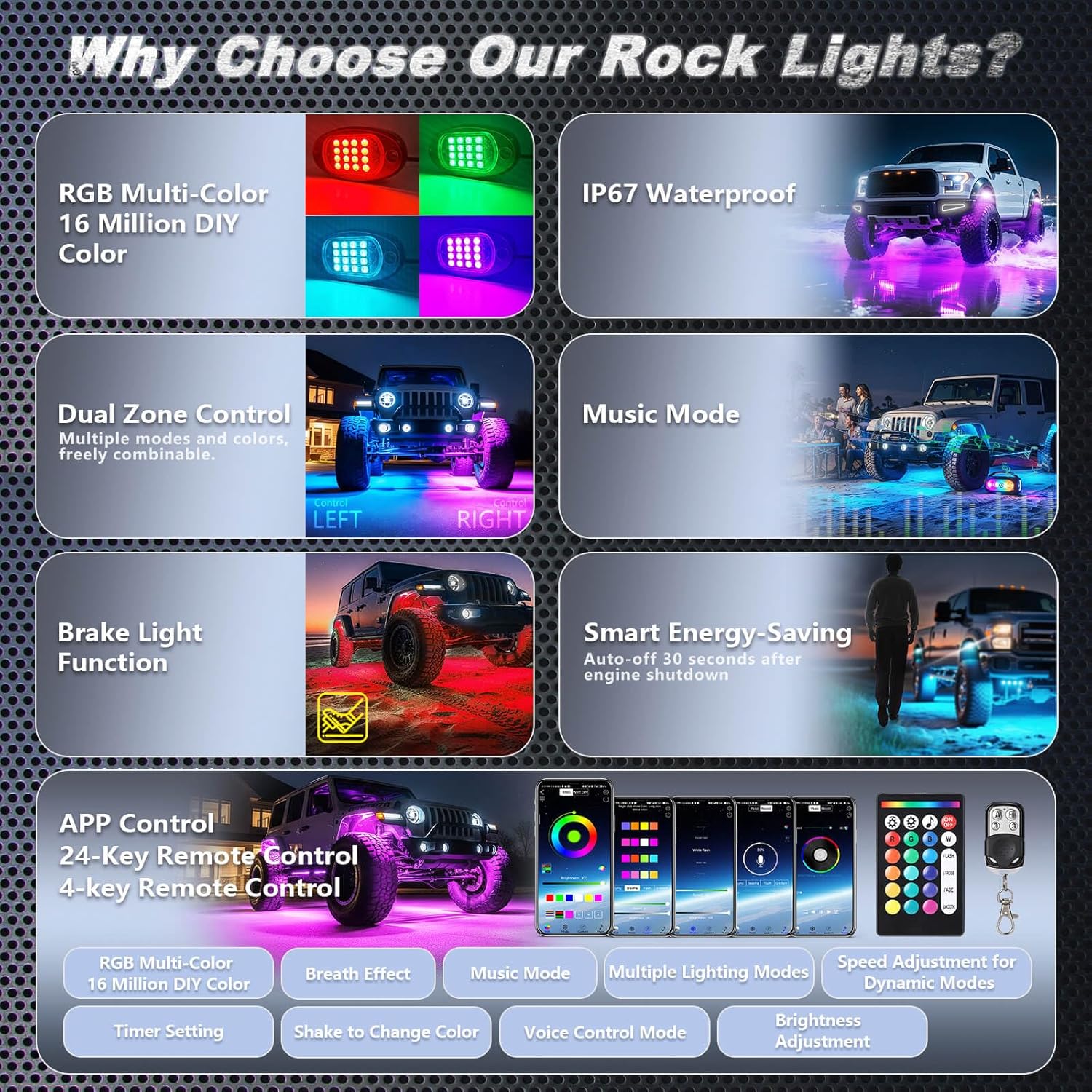 6Pods RGB LED Rock Lights for UTV SXS RZR Can-Am Four Wheeler Side by Side ATV Offroad Golf Cart, Multicolor Underglow Light Kit with APP/RF Remote Dual Zone Neon Vehicle Accent Light 12V Waterproof