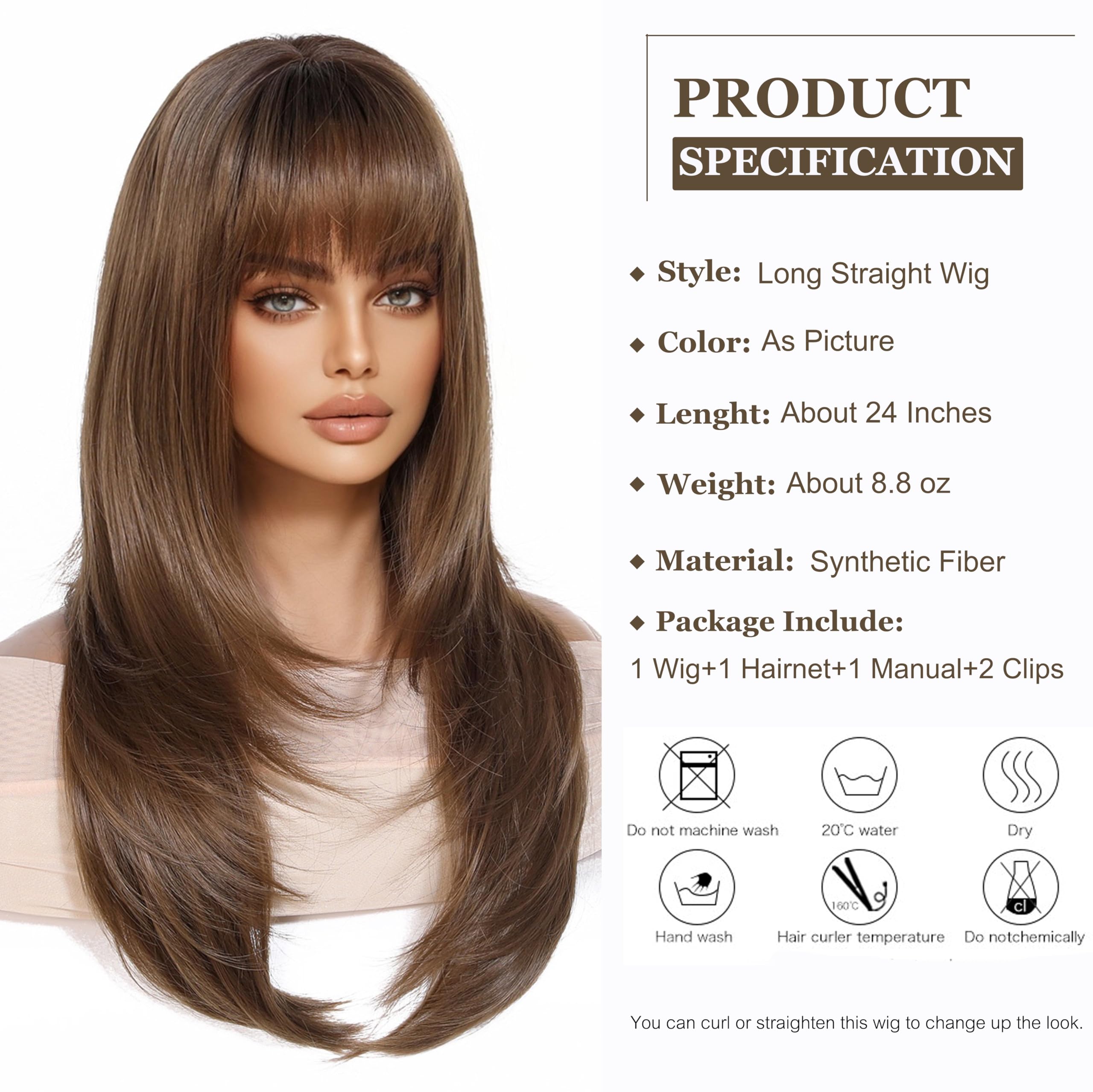 Esmee Long Straight Brown Wigs for Women with Fringe Natural Synthetic Hair Ombre Wig for Daily & Party Use - Image 2