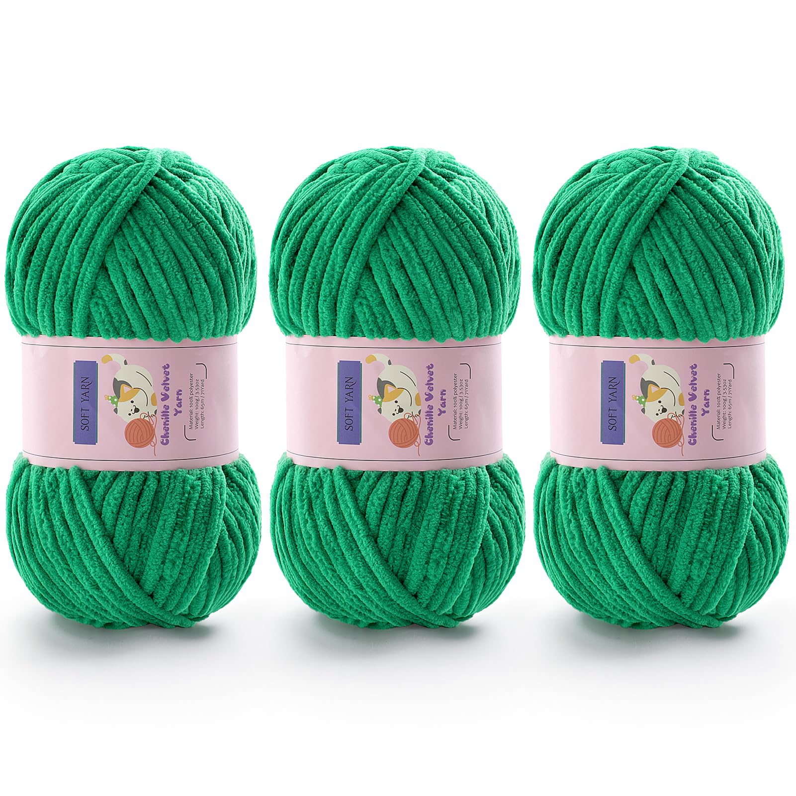 Chunky Chenille Yarn for Crocheting, #6 Green Baby Blanket Yarn for Crochet
