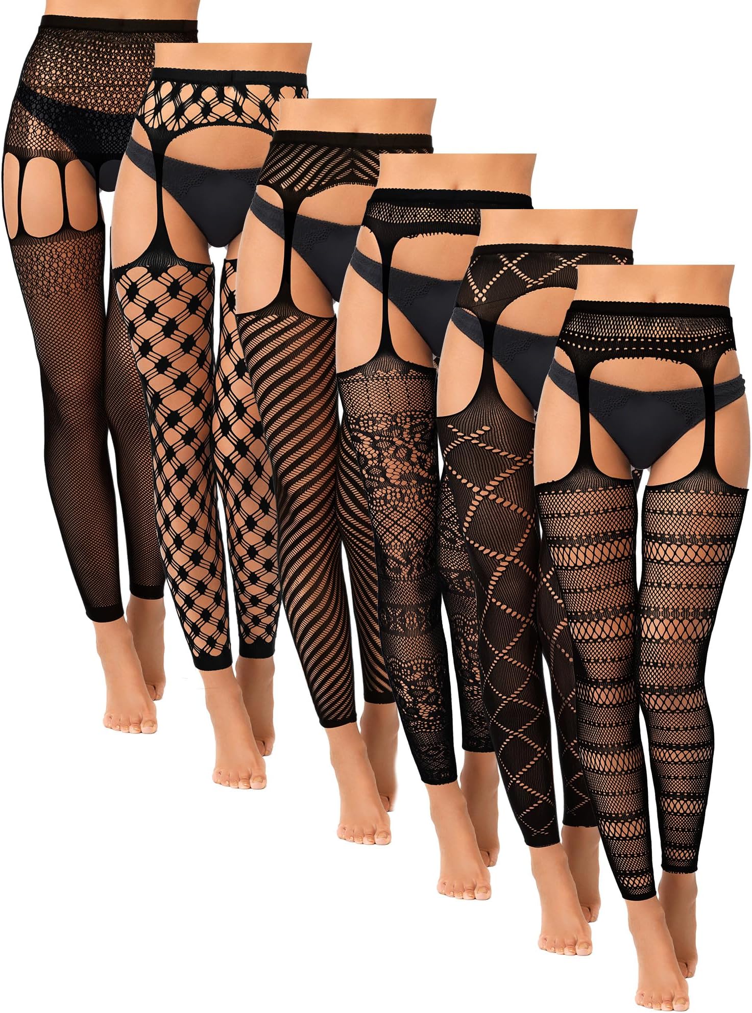 Bencailor6 Pairs Women Fishnet Footless Tights High Waist Suspender Pantyhose Garter Belt Thigh High Stockings for Women Girls