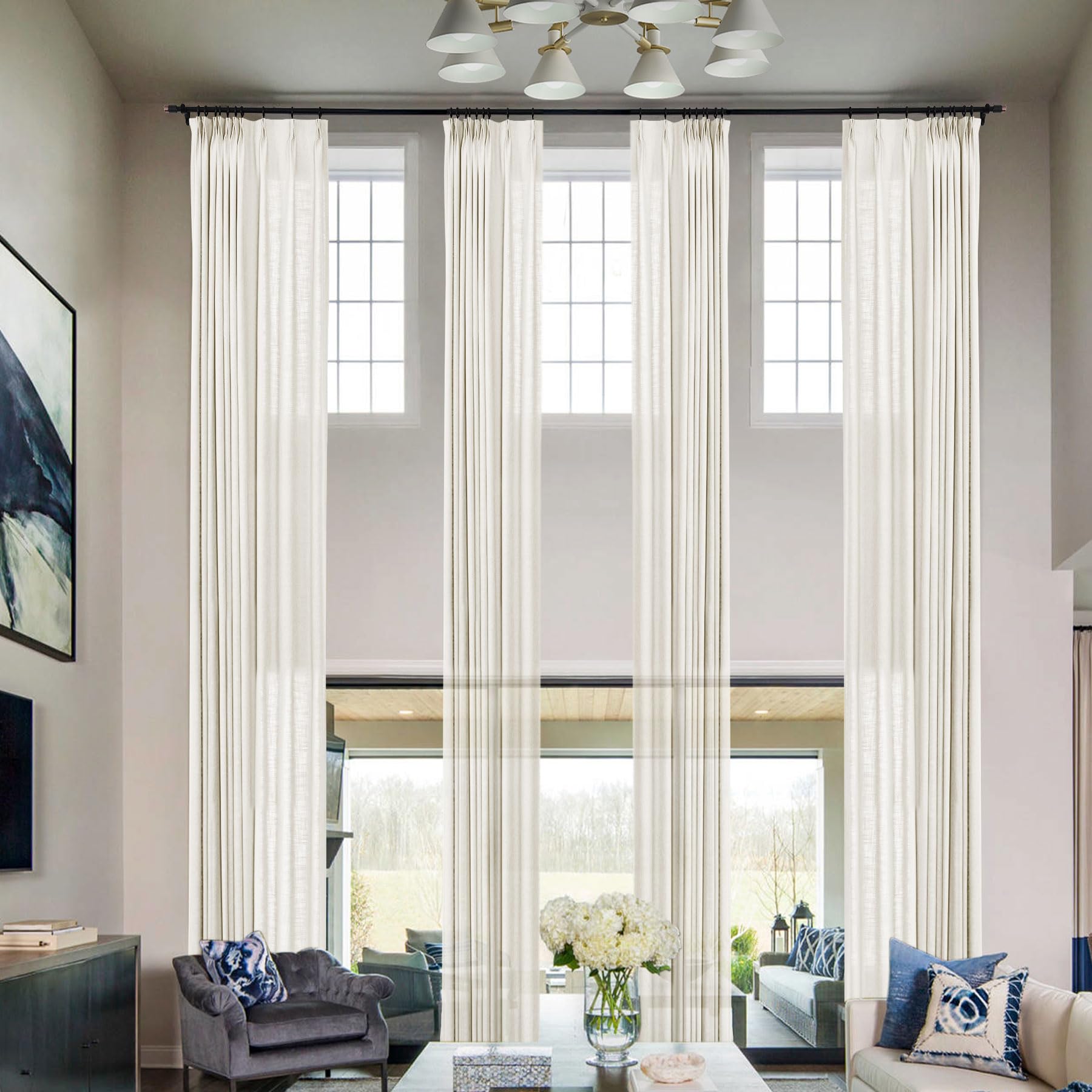 Frelement Extra Long Light Filtering Curtains Linen Curtain Panels for High Ceiling Loft Bedroom 108 Inch Length Pinch Pleat Curtains Semi Sheer Drapes, 50" W x 108" L, 2 Panels, Beige White
