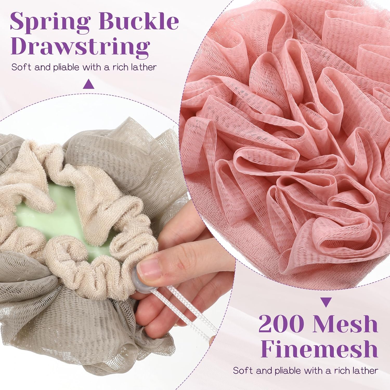 SHENLIU 12 Pack Loofah Washcloth Soap Bar Loofah, 2 in 1 Drawstring Exfoliation Bath Sponge with Bar Soap Pocket Exfoliation Mesh Shower Puff Ball Bath Shower Body Wash Cleansing Smooth Skin