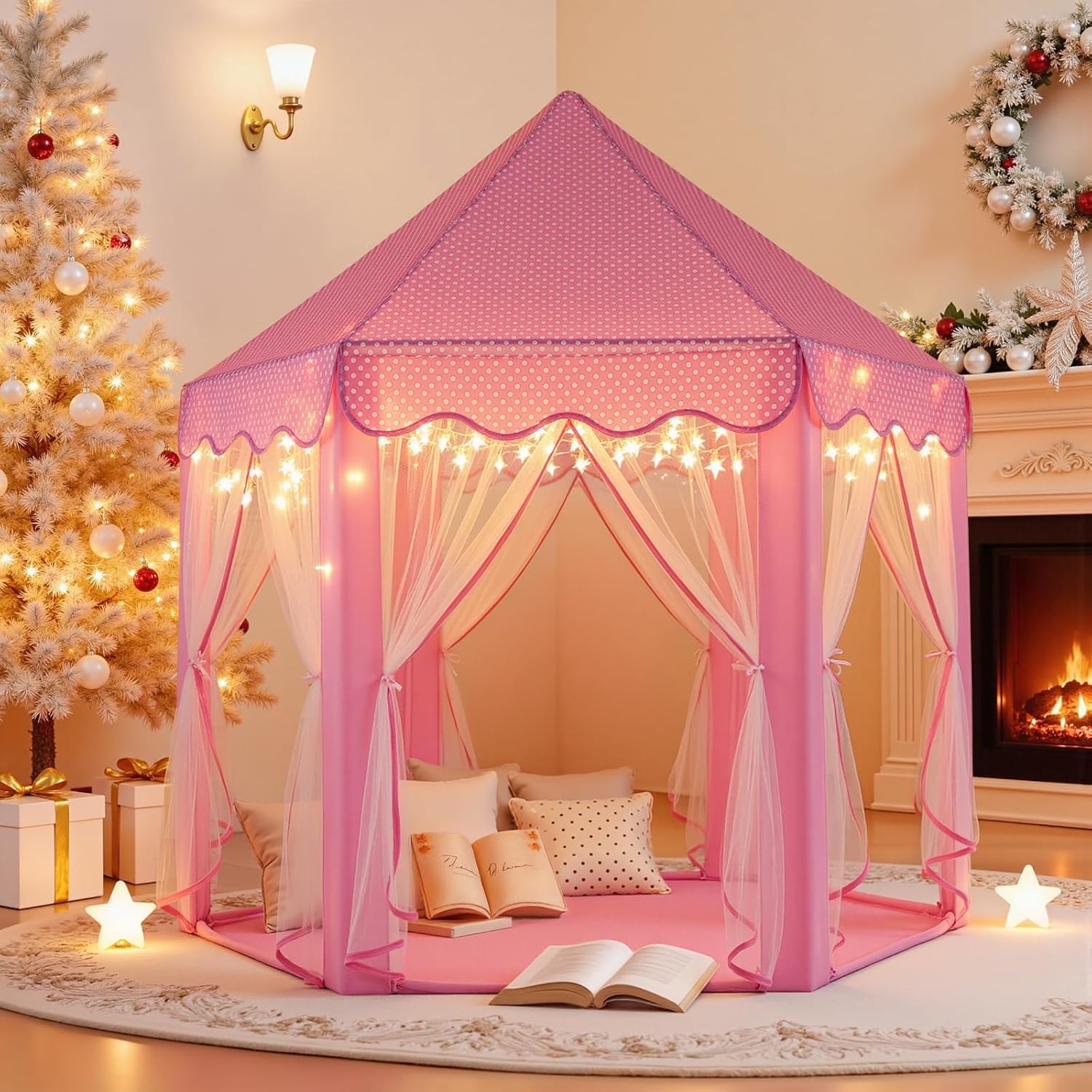 Sumbababy Princess Castle Tent for Girls Fairy Play Tents for Kids Hexagon Playhouse with Fairy Star Lights Toys for Children or Toddlers Indoor or Outdoor Games (Pink) - Image 8