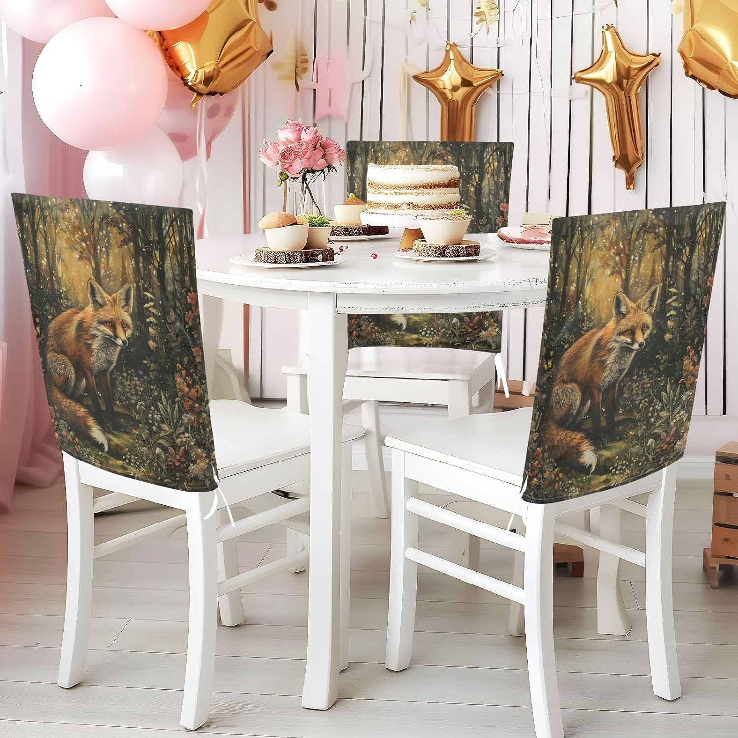 ALAZA Fox in The Forest Chair Back Cover Set of 6, Washable Reusable Removable Chair Slipcovers Decorative Chair Cover for Home Kitchen Wedding Party