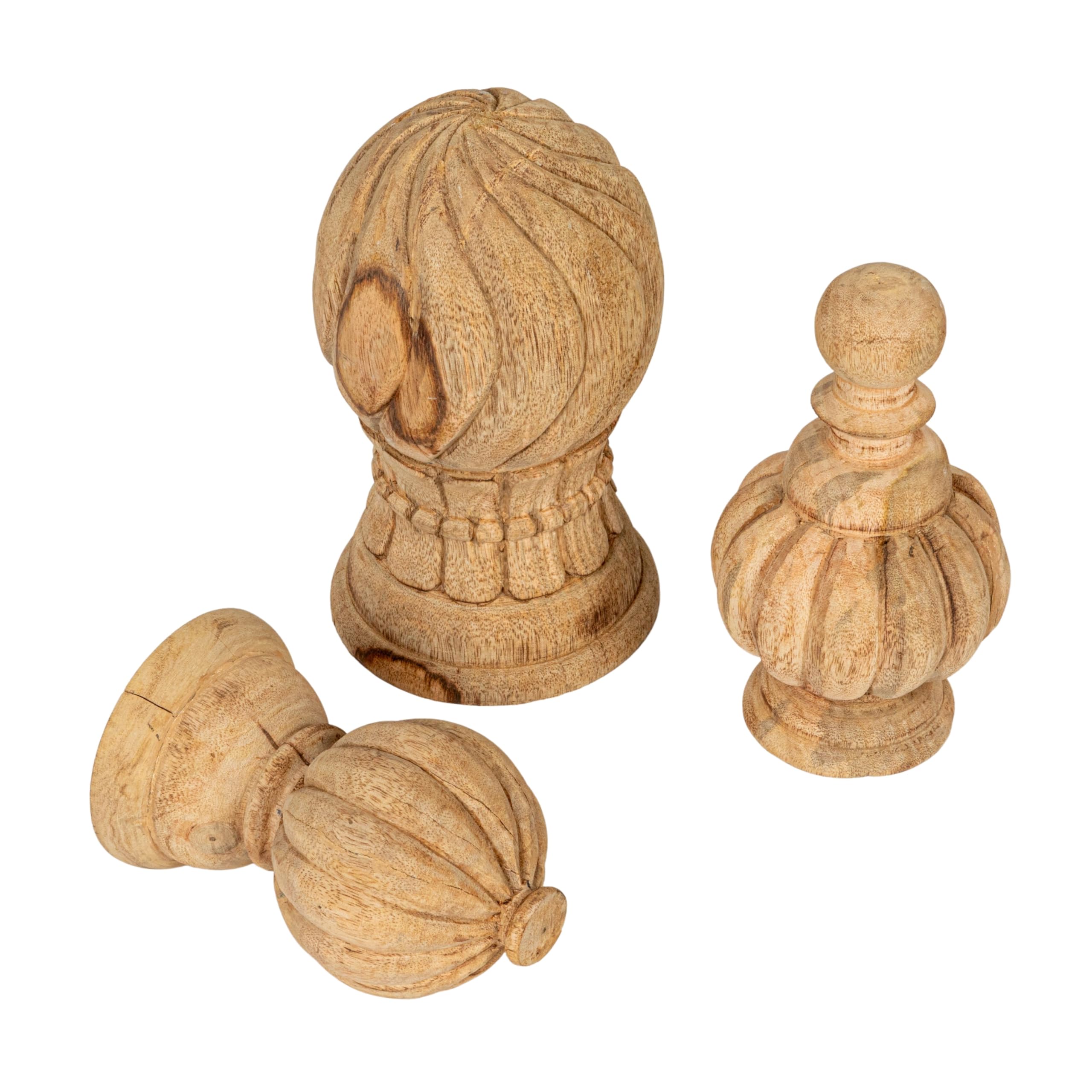 Creative Co-Op Bleached Hand-Carved Mango Wood Finials, Natural, Set of 3