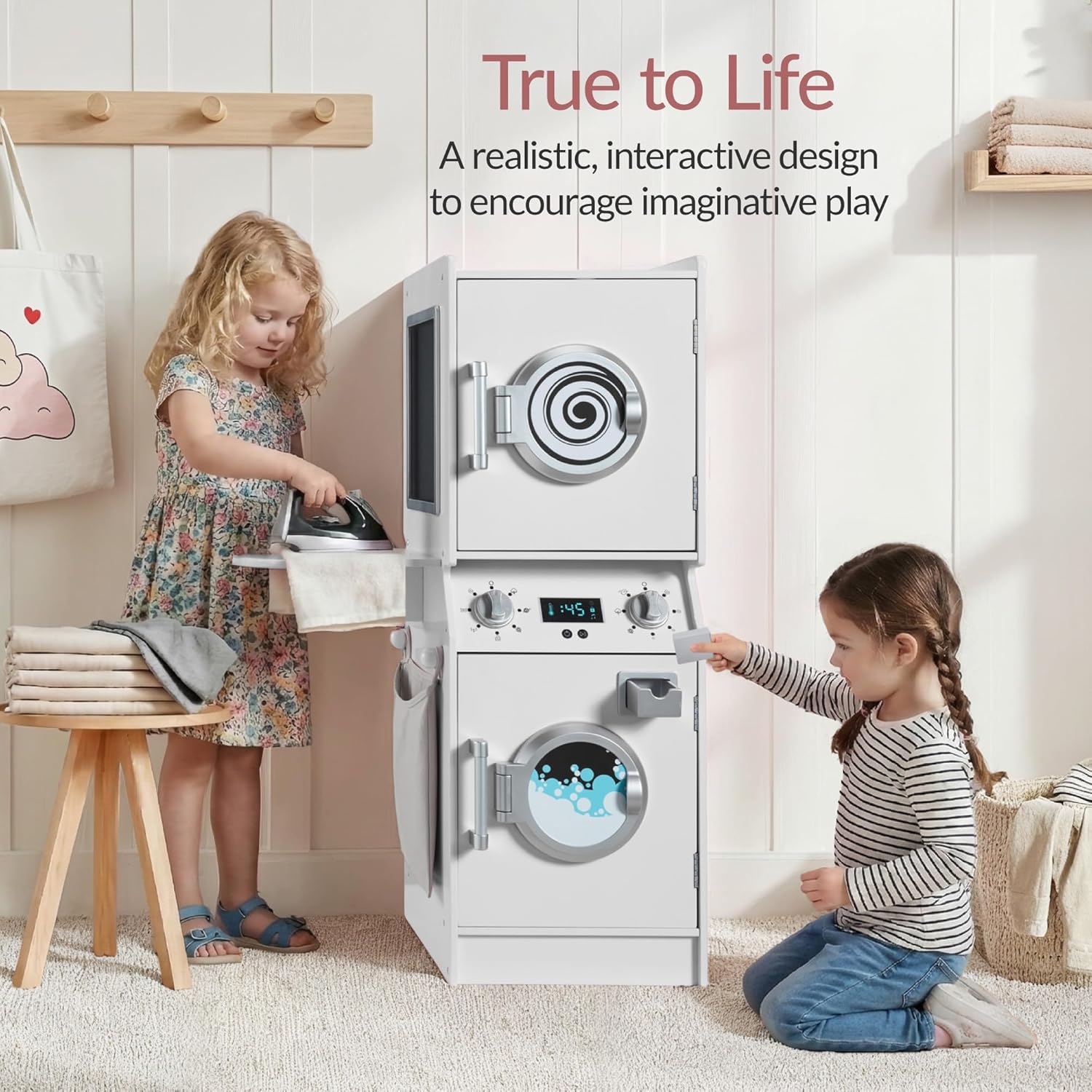 Best Choice Products Pretend Play Kids Wooden Stacked Washer & Dryer Set with Toy Laundry Storage, Space-Saving Design, with Accessories - White