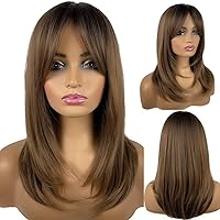 Vista 8 de Pelucas largas en capas para mujer, cabello mixto marrón con reflejos, pelucas con flequillo, longitud hasta el hombro, peluca sintética