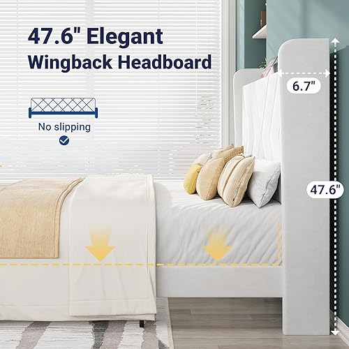 Miniatura 7 de Allewie Base de cama de plataforma de tamaño matrimonial con estación de carga y estante de almacenamiento, cabecera tapizada de terciopelo con