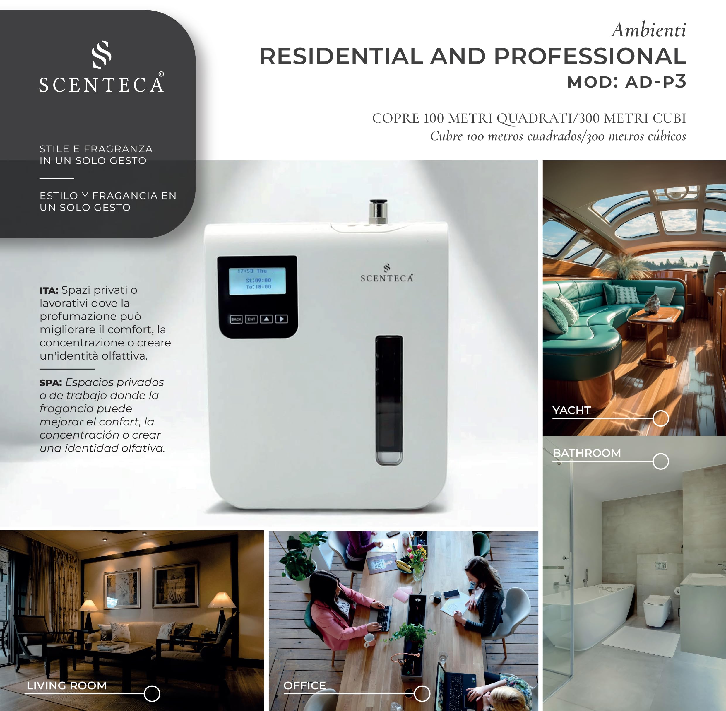 SCENTECA Difusor eléctrico de aceites esenciales Modelo AD-P3, con fragancia de Té Blanco y Flores de Primavera incluida, nebulización en frío, cobertura de hasta 100 m², para casa y oficina (100 ML)