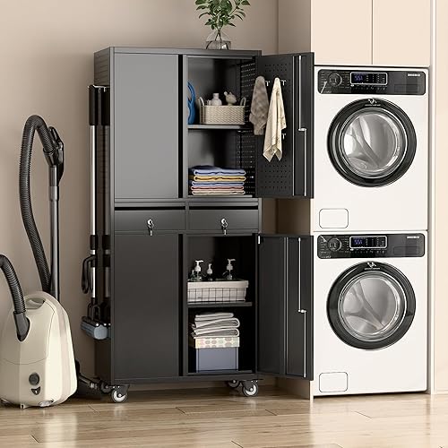 Miniatura 75 de Armario de almacenamiento de metal con tablero de clavijas de 31.5 x 31.5 x 16.5 pulgadas, armario de almacenamiento de acero con cerradura con 5