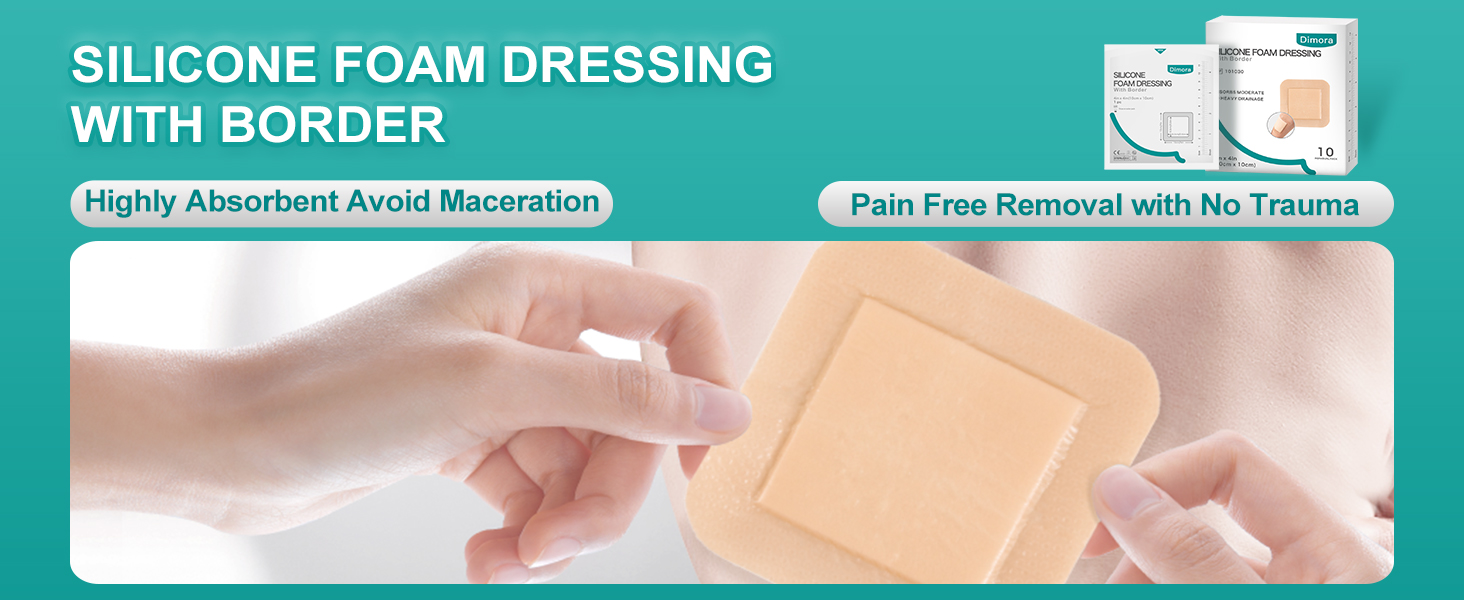 Dimora Silicone Foam Dressing with Border Adhesive 4"x4" Wound Dressing First Aid Bandage for Wound Care 10 Pack