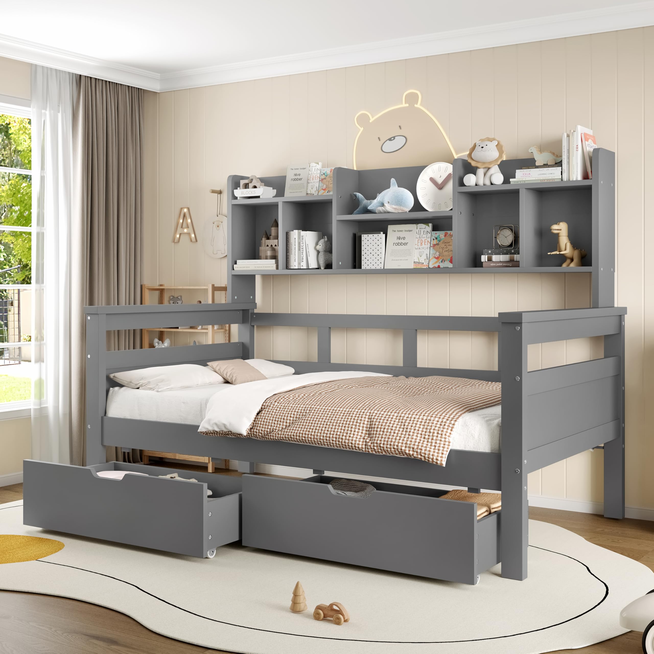 3ft Single Bed Frame with Bookcase Headboard & 2 Storage Drawers, Wooden Functional Platform Bed with Safety Guardrail, Space-Saving Daybed Guest Beds for Adults Kids Teenagers, Grey, 90x190 cm
