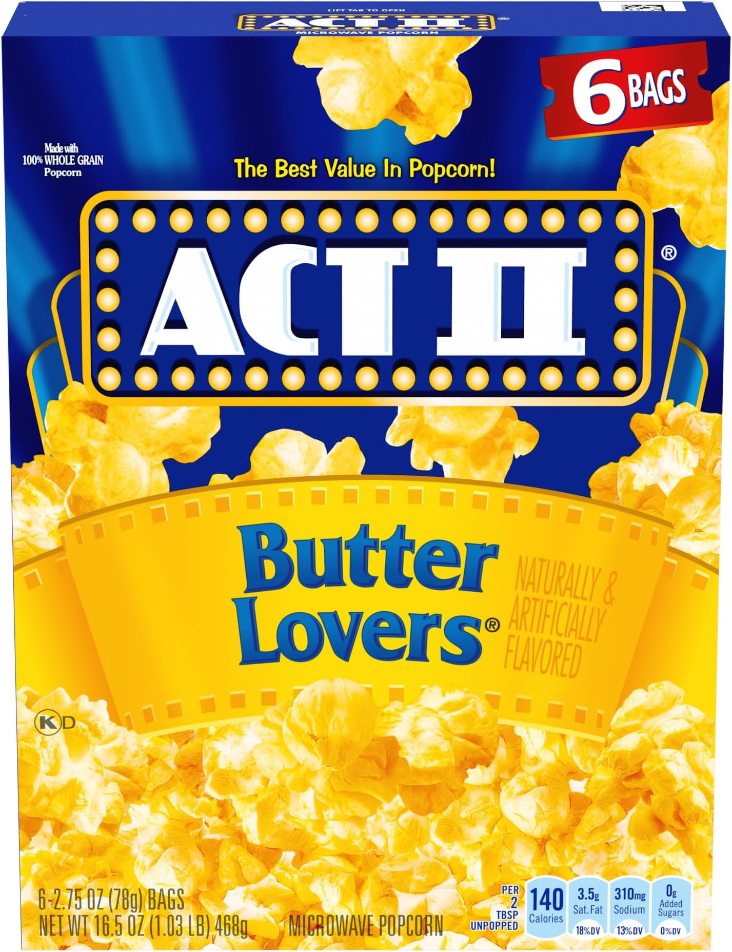 Butter Lovers Microwave Popcorn, 2.75 oz, 6-Count Bags