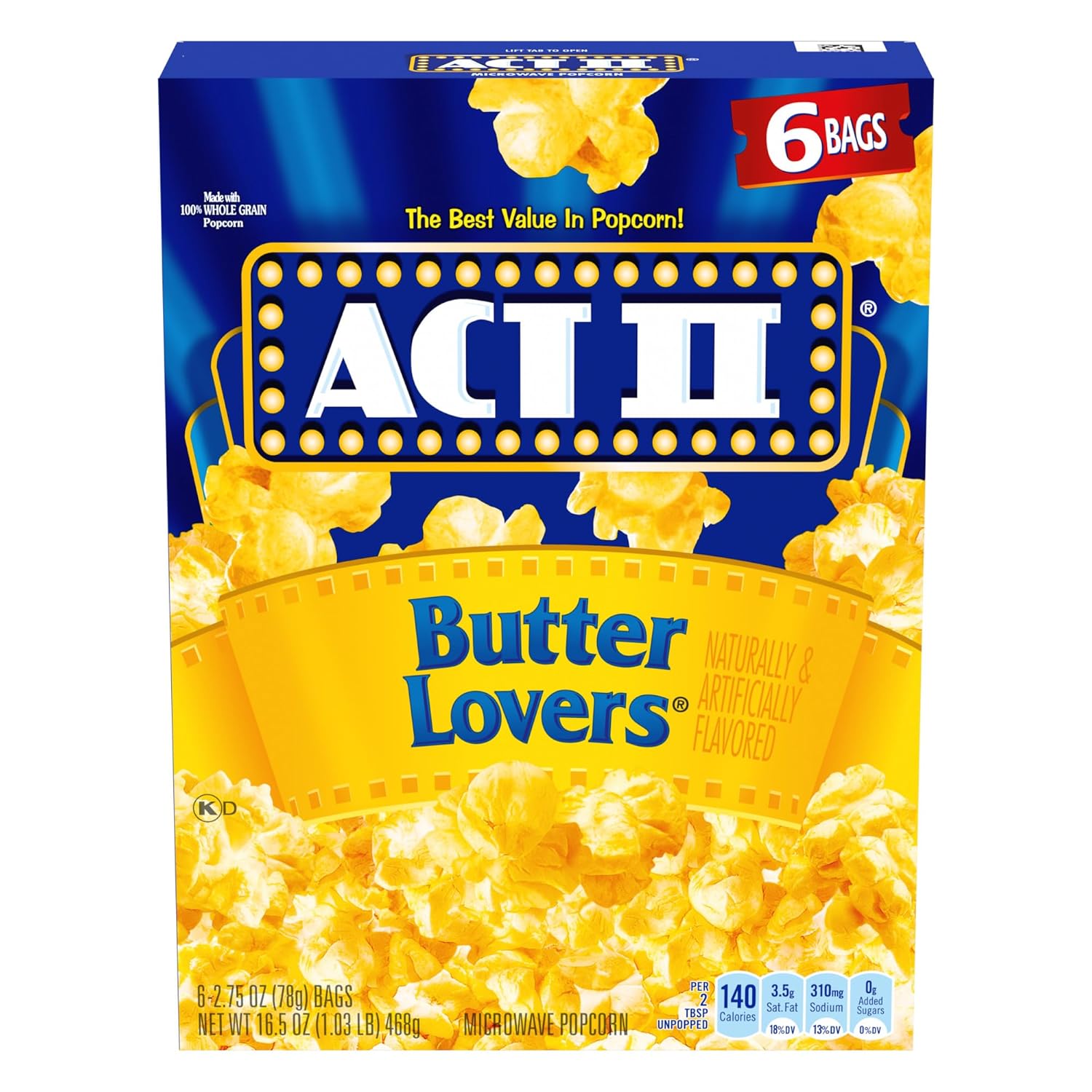 Act II Butter Lovers Microwave Popcorn, 6-Count 2.75oz Bags - Rich Buttery Flavor, 100% Whole Grain, 0g Trans Fat