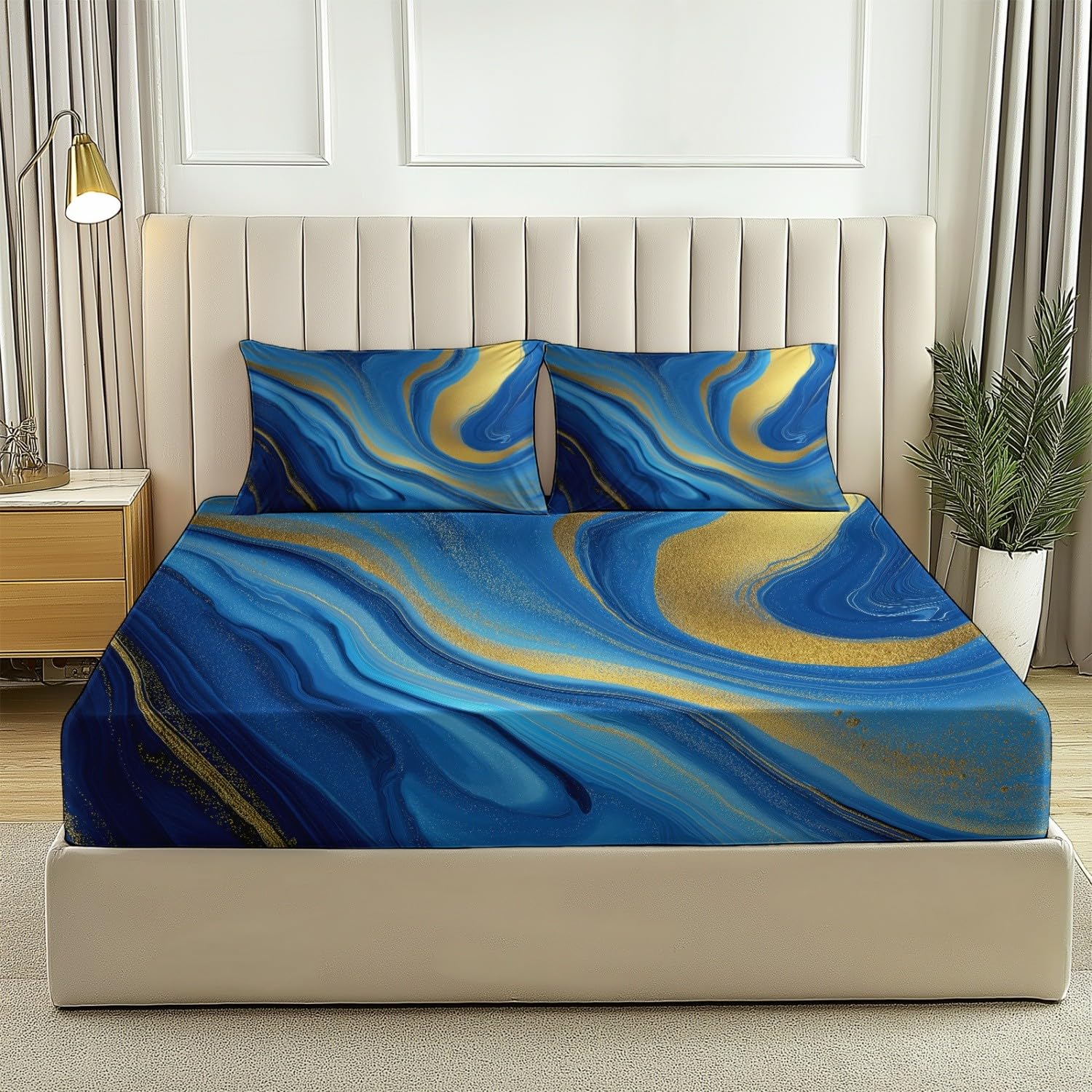 Drap housse microfibre bleu résistant aux plis 120x200 cm taie oreiller art déco