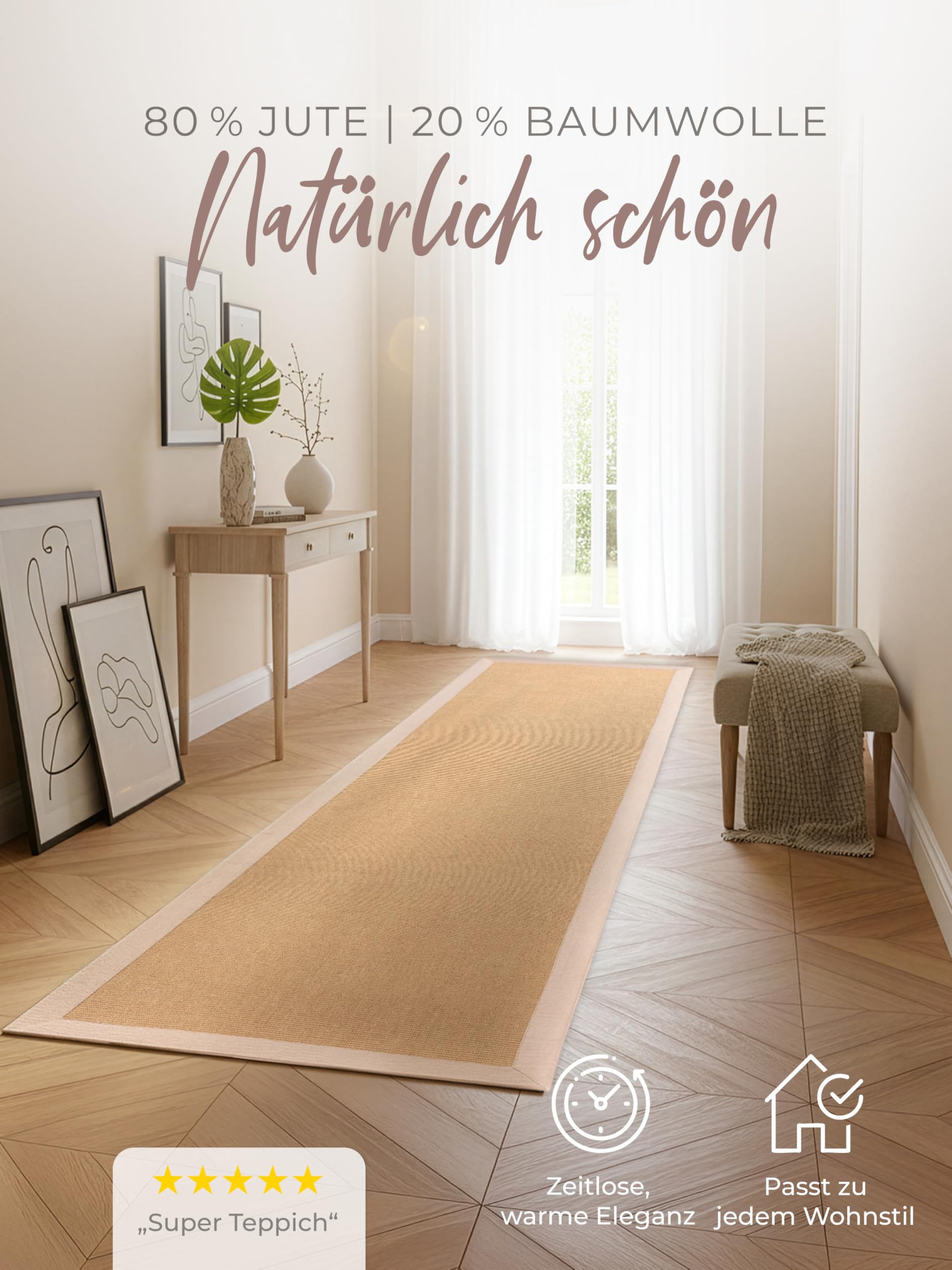 carpetfine Sisalteppich Läufer Naturfarbe 60x180 cm handgewebt mit Bordüre aus Baumwolle in Beige | Rutschfester Flachgewebe Teppichläufer Uni aus Naturfasern für Wohnzimmer, Schlafzimmer