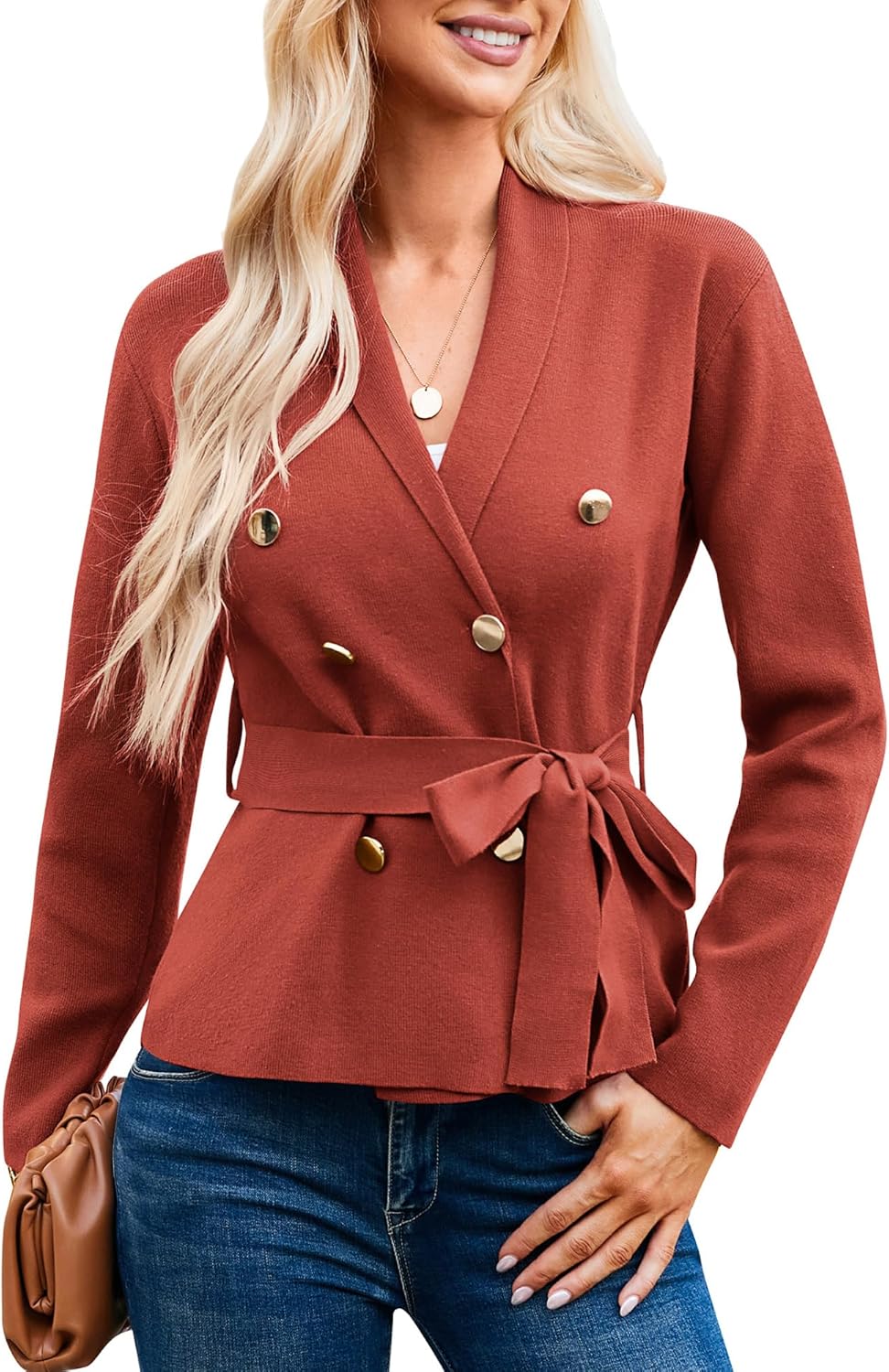 Womens Lightweight Stretch Knit Jacket Solid Color Long Sleeve Lapel Button Blazer Jujube Red L