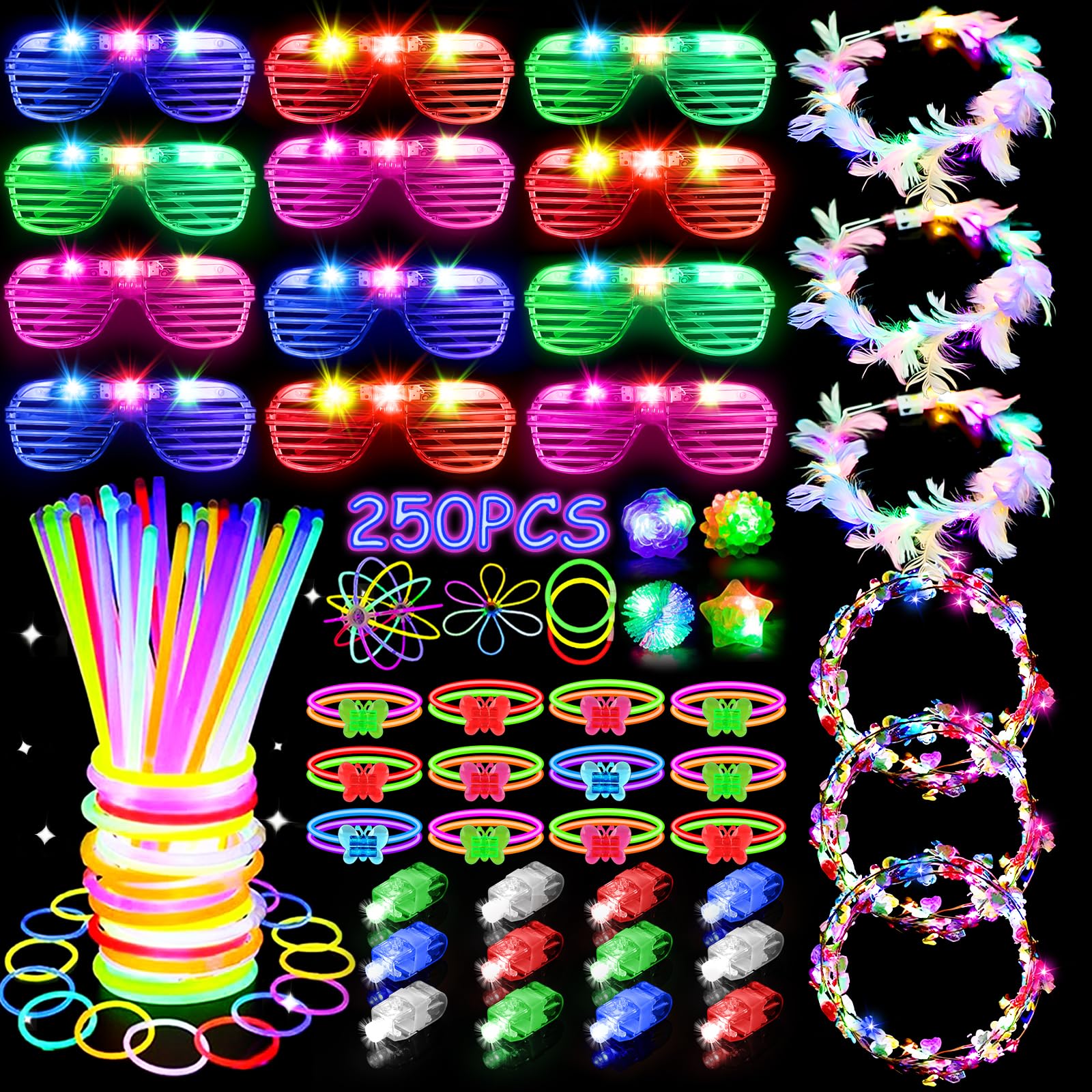 JOJUJB 250PCS Glow in the Dark Party Supplies for Kids Adults,Light Up Party Favors with Light Up Toy Glasses,100 Glow Sticks Bulk Party Pack DIY Glow Necklaces,Bracelets hora loca accessories