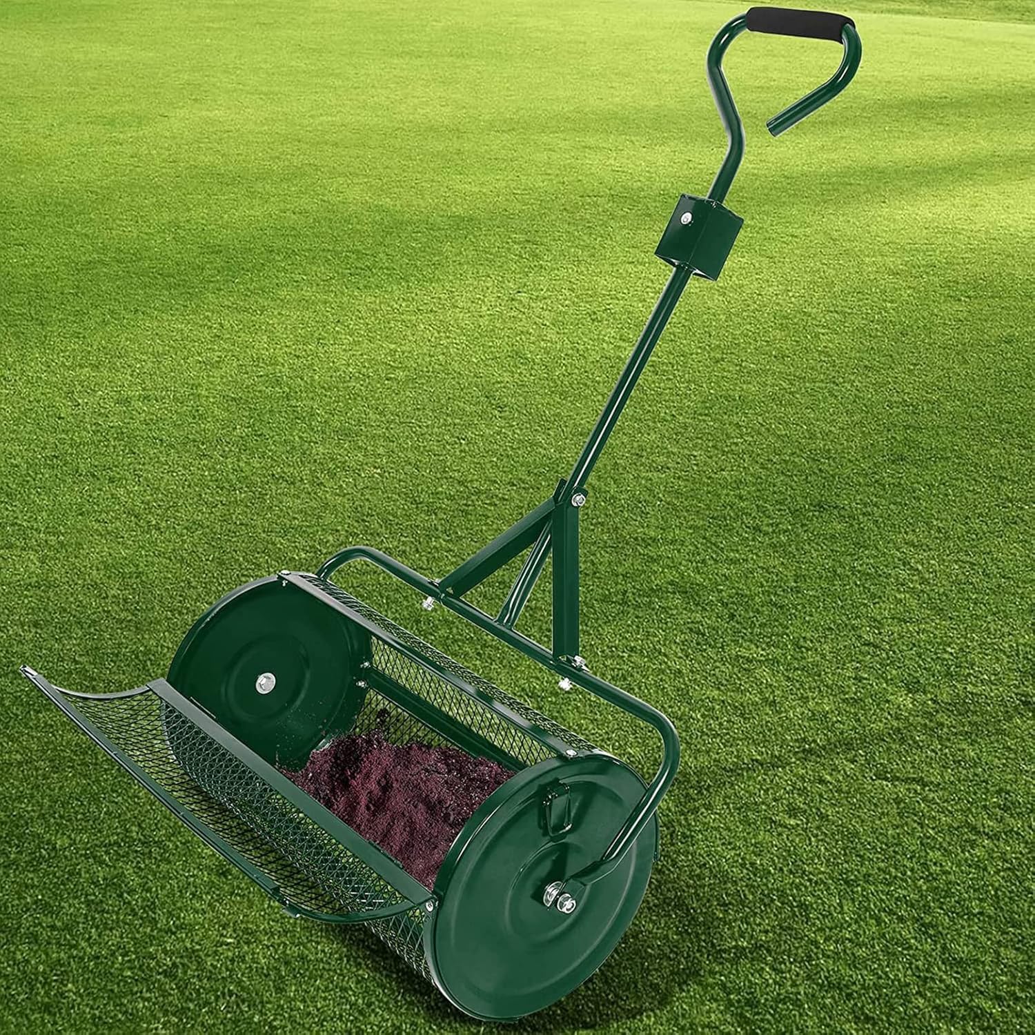 Compost Spreader for Lawn Garden, 24In Heavy Duty Metal Mesh Roller Push/Tow Spreader, Upgraded Handle Durable Lightweight for Planting, Seeding, Hinge Door to Open Easily