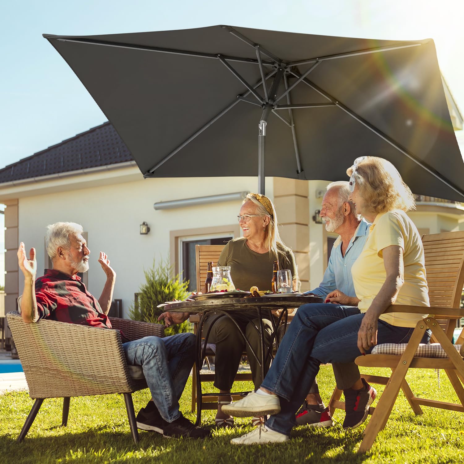 Fiqops Parasol przeciwsłoneczny 210 x 140 / 300 x 200 cm z korbą, prostokątny, ochrona przed słońcem, UV50+, składany, wodoszczelny, do ogrodu, na taras, bez stojaka, Szary bez LED, 210 x 140cm