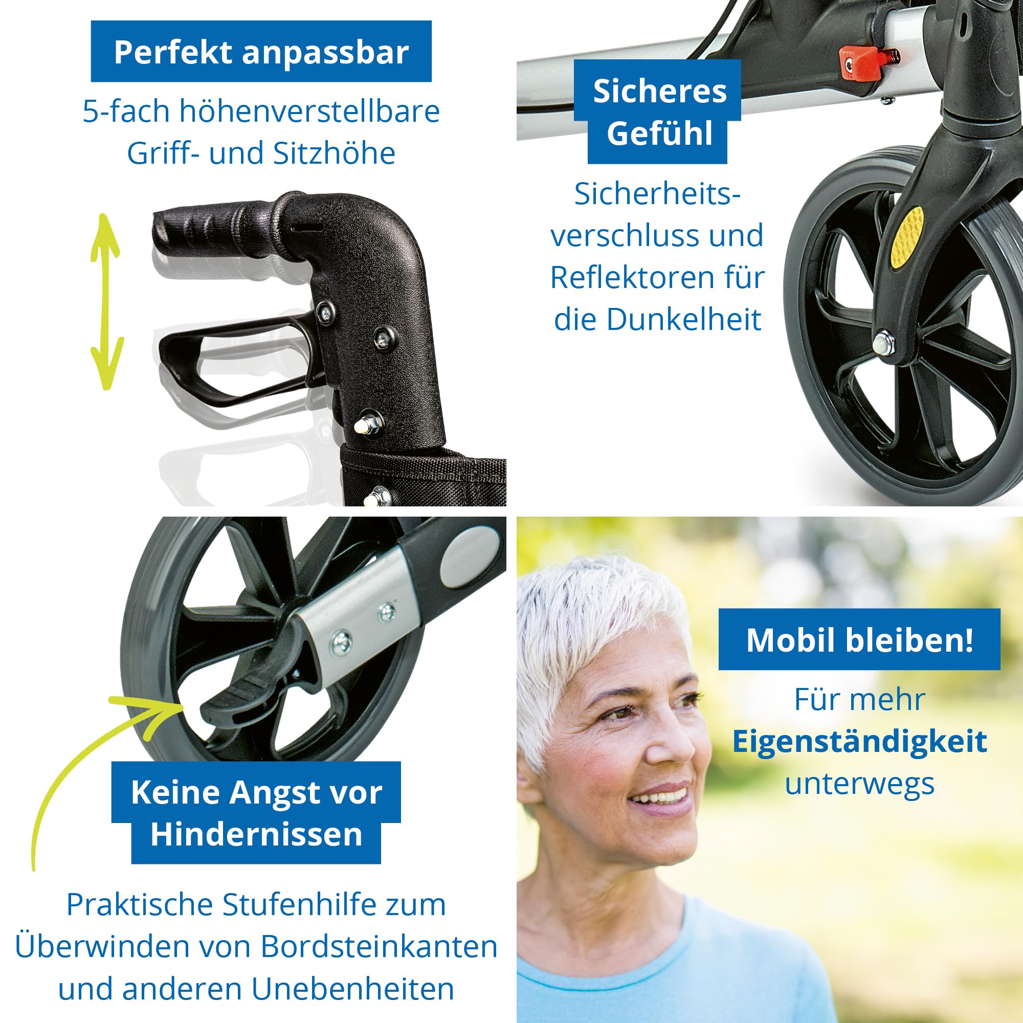 Weinberger Rollator faltbar und leicht mit Sitz | Tasche, Stockhalter, Griff, klappbar für alle Gelände | Höhenverstellbarer Indoor & Outdoor Rollator für Senioren | Gehhilfe, schmal, schwarz