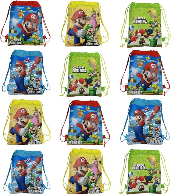 POMNUG 12 PCS Super Mario Party Bags Non-woven Drawstring Goodie Bags for Super Mario Party Supplies, Super Mario Bros Themed Party Supplies Favors, Birthday Party Decorations, School Backpacks