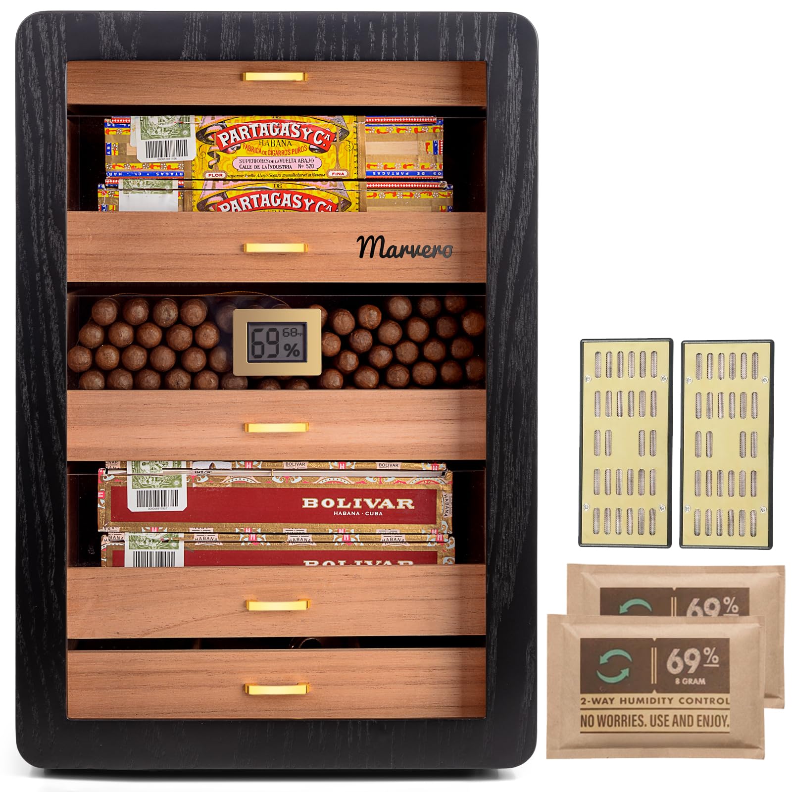 Umidificatore per sigari, in legno di cedro, con igrometro digitale, cassetti, umidificatori e hardware placcati in oro, per uomini, marito, padre, capacità 300 sigari, colore nero