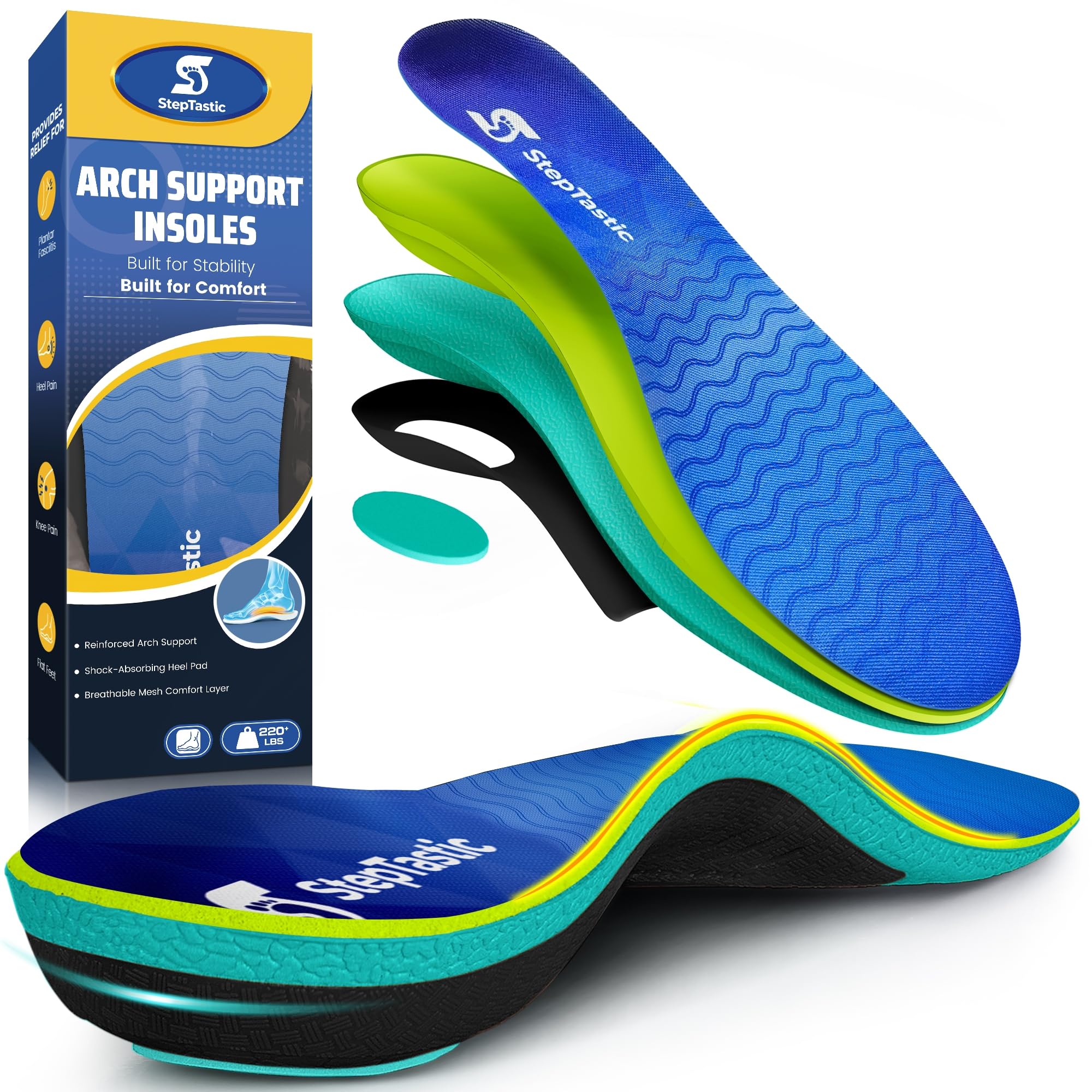 StepTastic High Arch Support Inserts for Men & Women, 220+ LBS Insoles | Heavy Duty Support with Rigid Nylon Frame for Work Boots, Standing All Day, Flat Feet & Plantar Fasciitis Support