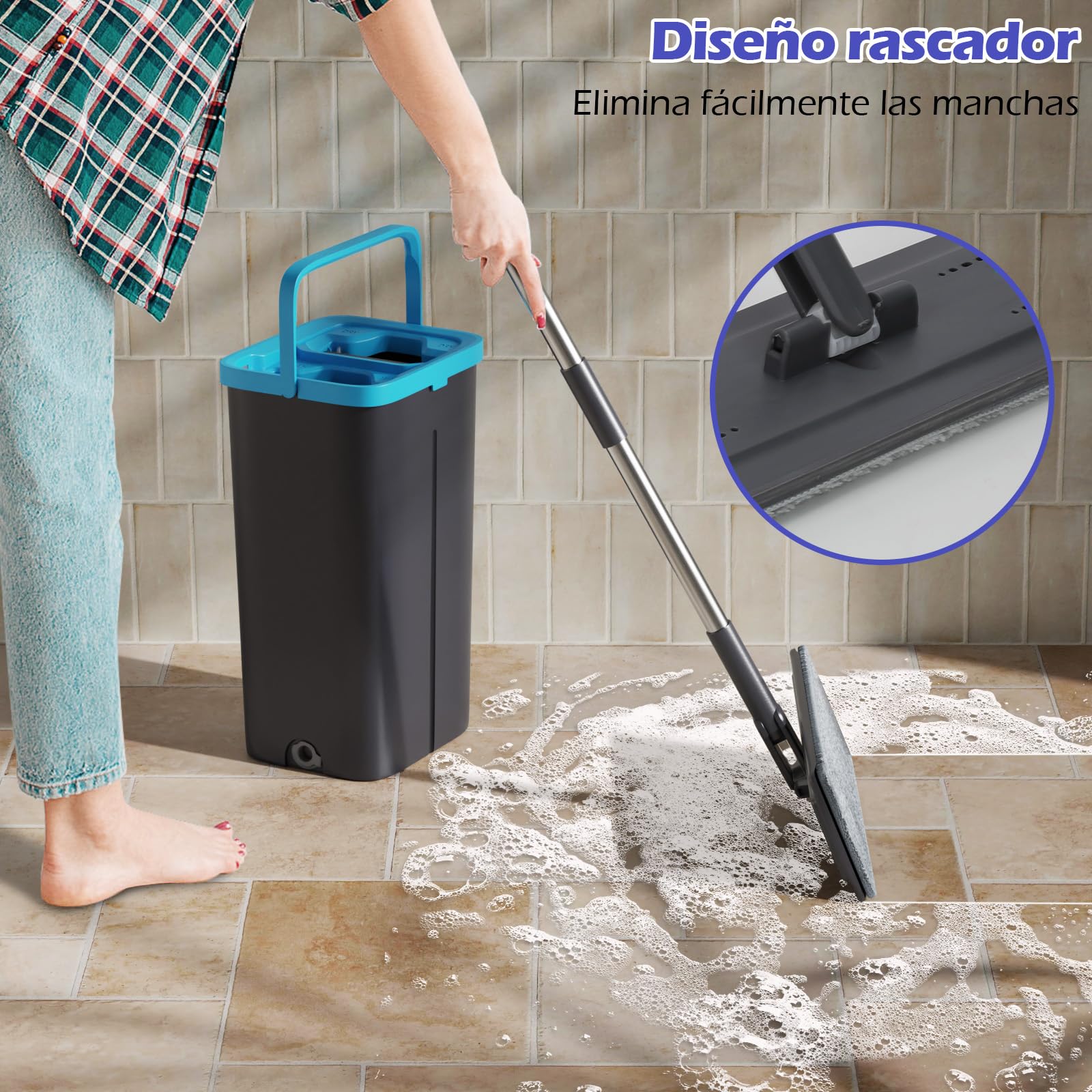 Eukue Mopa Fregona con Cubo Escurridor, Mopas de Limpieza Suelos con 6 Almohadillas Reutilizables y Mango de Acero Inoxidable, Juego de Fregona y Cubo, Mopa para Limpiar Azulejos y Paredes, Azul — view 6