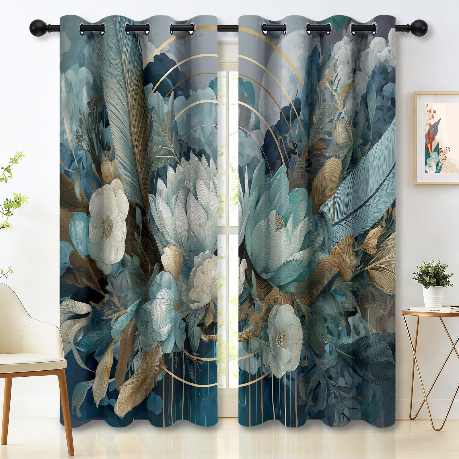 Zasłony izolacyjne 110 L x 215H cm (2 panele), minimalistyczny i wykwintny design z piórami, nieprzezroczyste wiszące przed ciepłem do głównej sypialni, niebiesko-zielone