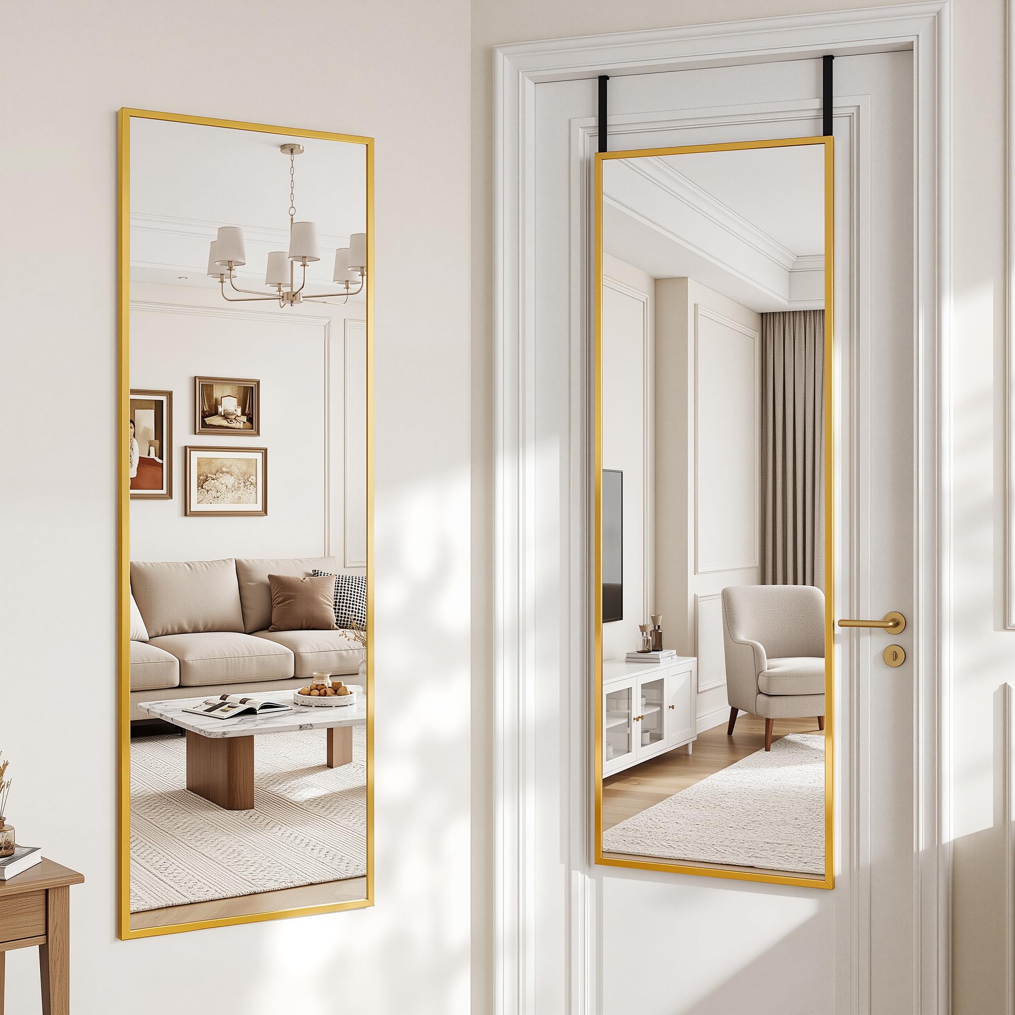 Suidia Full Length Mirror Over the Door&amp;Wall Mounted, 48"x14" Door Mirror with Aluminum Alloy Frame, HD Shatterproof, No-Drill, Hanging Mirrors for Bedroom, Bathroom, Dorm, Closet, Rect, Gold