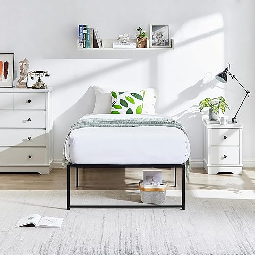 Miniatura 58 de VECELO Marco de cama de plataforma de metal de 14 pulgadas, base de colchón, no necesita somier, soporte de listones de acero (tamaño matrimonial)